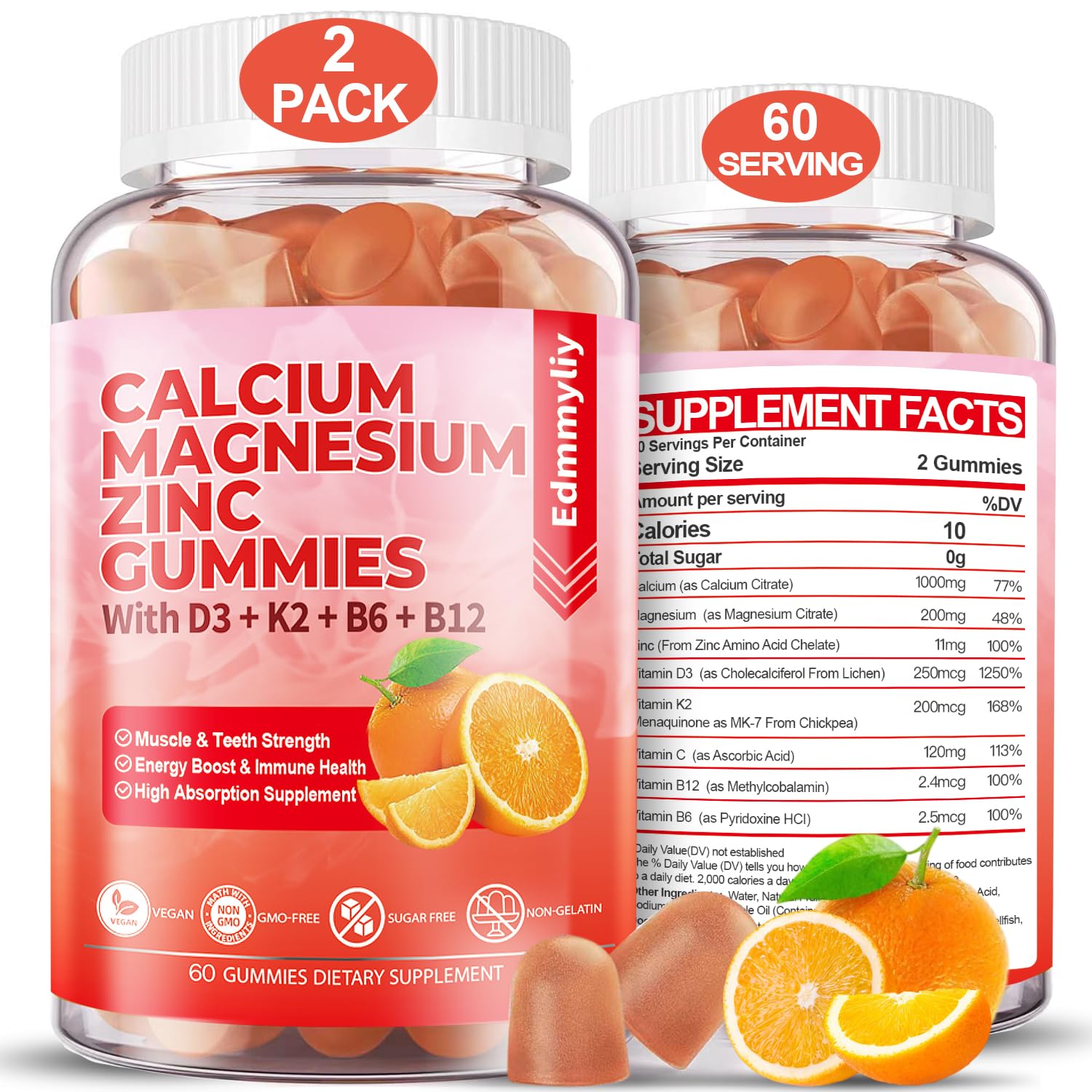 Sugar Free Calcium Magnesium Zinc Supplement Gummies with Vitamin D3 & B12 for Women and Men High Absorption Calcium Magnesium Supplement for Bone & Teeth Strength, Muscle & Immune (120 Counts)