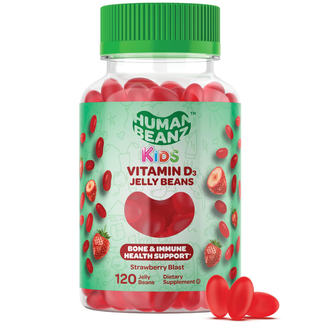 Human Beanz Vitamin D3 Jelly Bean Gummies for Kids, 25mcg/1000 IU Vitamin D, Nutritional Vegetarian Supplements, 120 Strawberry Blast Jelly Beans, Kosher
