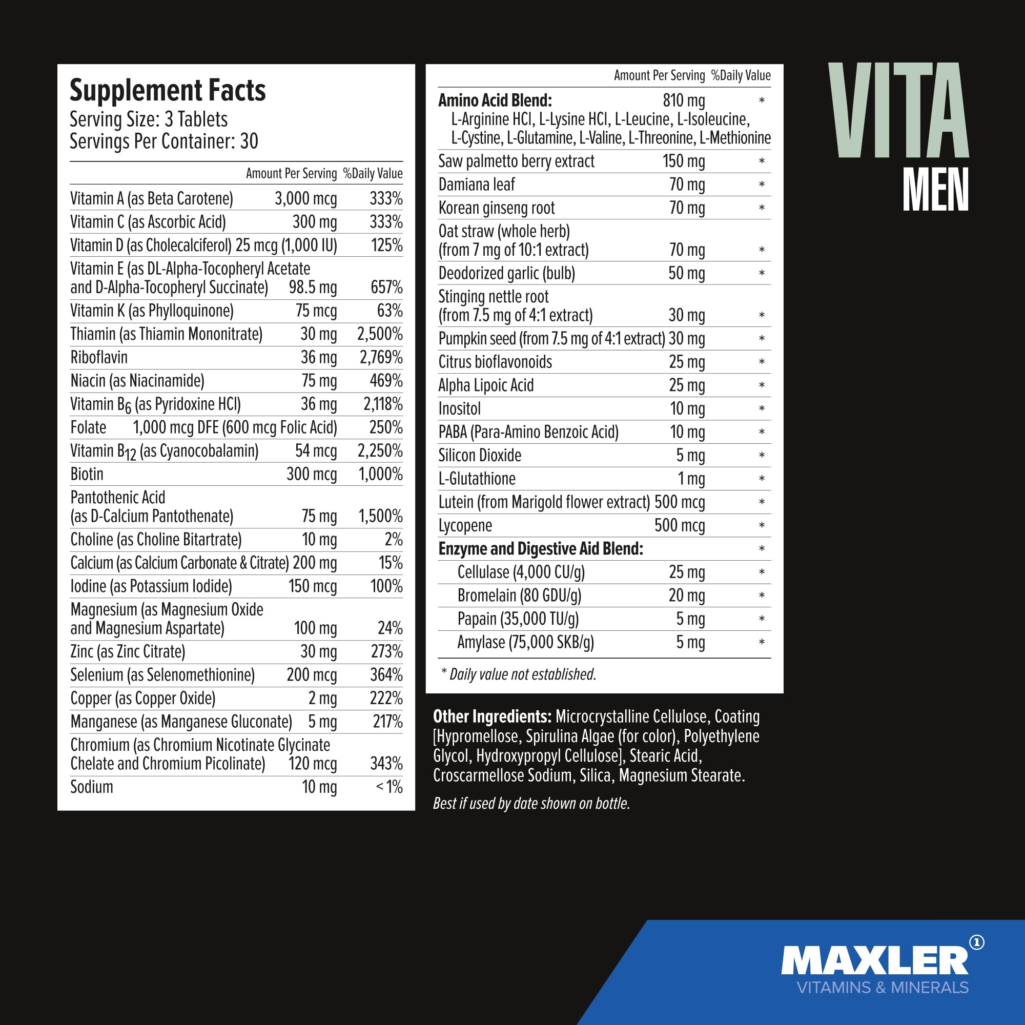 Maxler VitaMen Multivitamin for Men - High Potency Men's Multivitamins for Sports & Performance - Men's Vitamins & Minerals Blend, Amino Acids Blend, Enzyme Blend - 90 Tablets