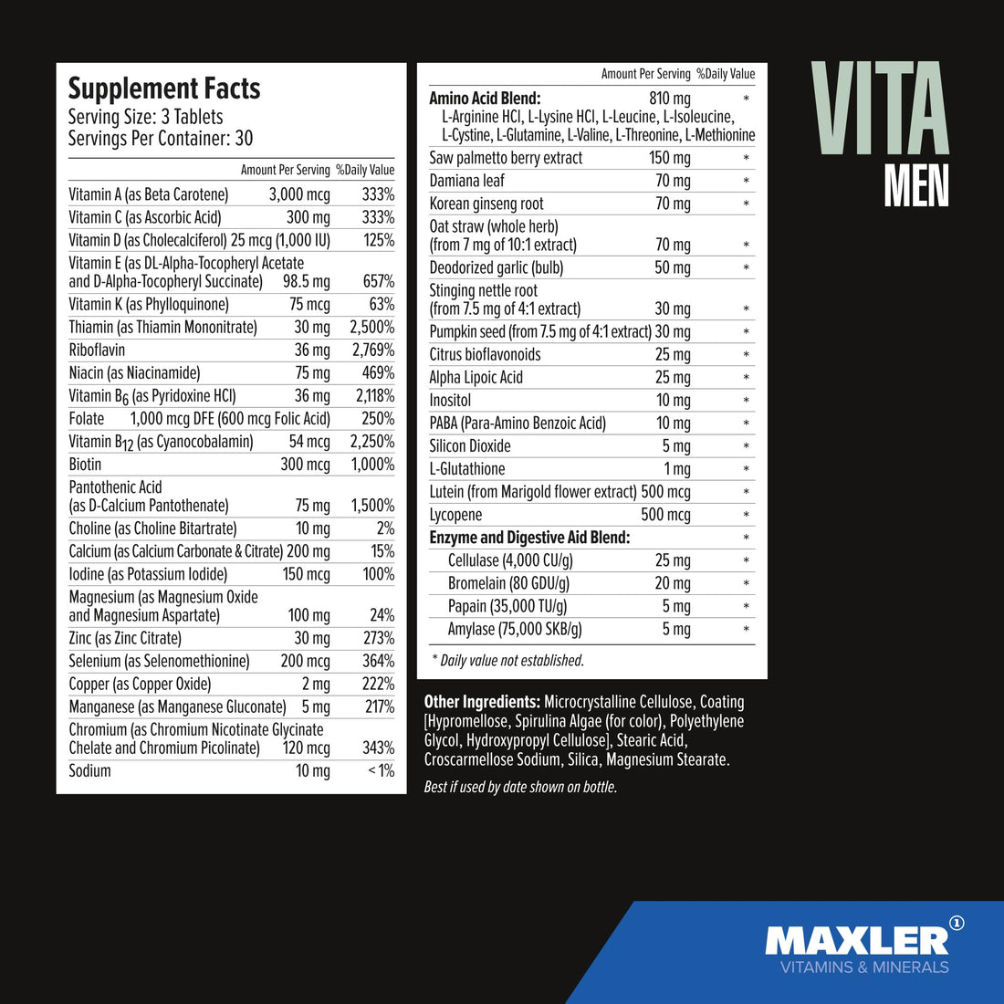 Maxler VitaMen Multivitamin for Men - High Potency Men's Multivitamins for Sports & Performance - Men's Vitamins & Minerals Blend, Amino Acids Blend, Enzyme Blend - 90 Tablets