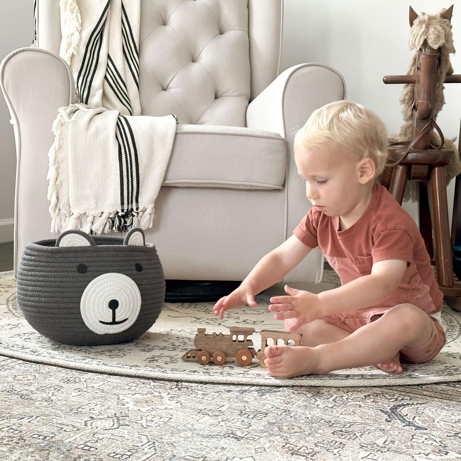 CherryNow Baby Basket for Nursery, Bear Gift Baskets for Kids, Empty Baby Shower Basket with Handles, Small Cute Animal Cotton Rope Baskets, Grey, 10.5D x 8.5H