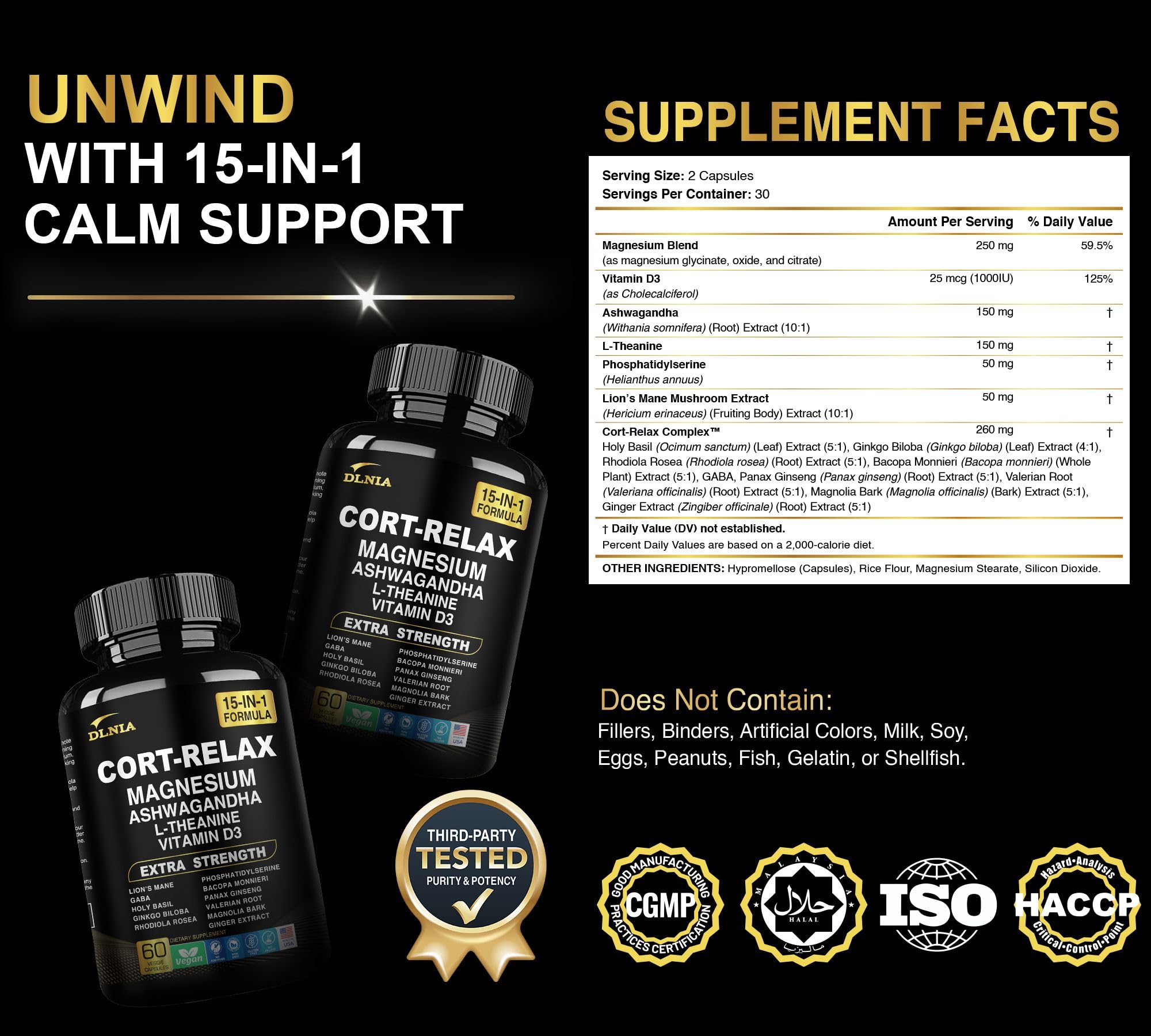 DLNIA Super Calm Cortisol Supplement with Magnesium Glycinate, Ashwagandha, L-Theanine, Phosphatidylserine, Ginkgo Biloba & Lions Mane for Calm, Focus, Mental Clarity, Relaxation, Sleep, Energy