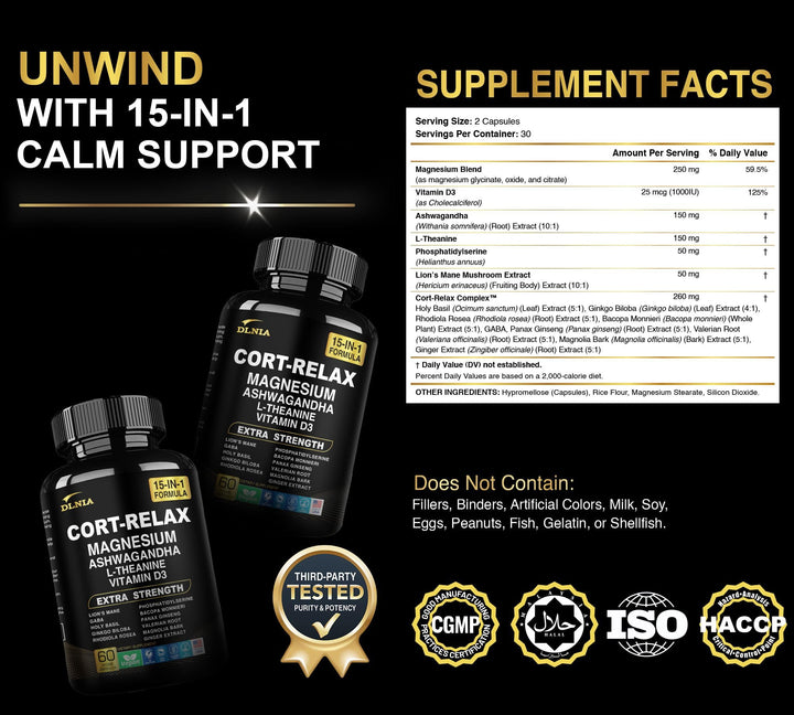 DLNIA Super Calm Cortisol Supplement with Magnesium Glycinate, Ashwagandha, L-Theanine, Phosphatidylserine, Ginkgo Biloba & Lions Mane for Calm, Focus, Mental Clarity, Relaxation, Sleep, Energy