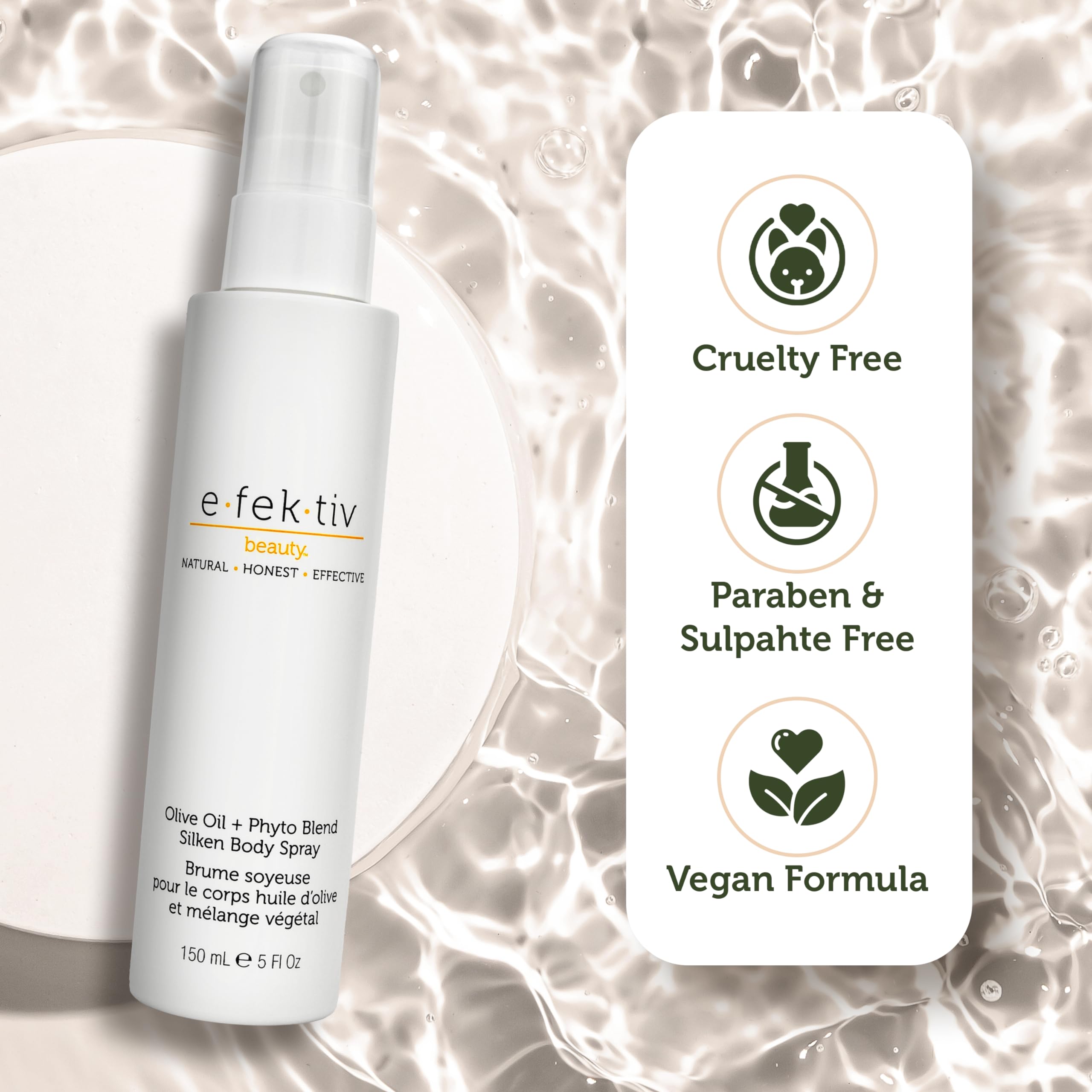 e.fek.tiv beauty Olive Oil + Phyto Blend Silken Body Spray - Ultra Moisturizing Mist for the Skin - Dry Oil Body Spray Moisturizer - No Gluten, Parabens, Sulfates - Cruelty Free - 5 Oz