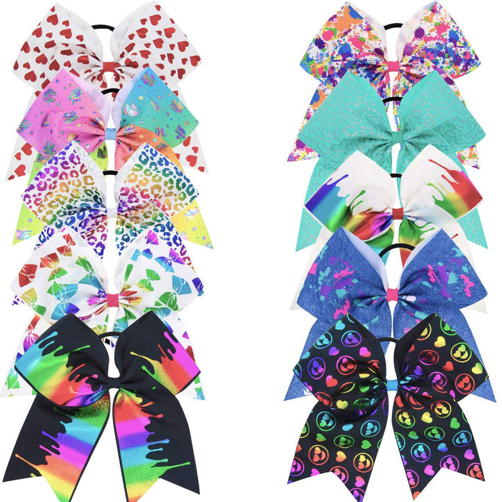 DeD 10 Pcs Elastic Bow 8 Large Hair bows Boutique Rainbow Golden-plating Grosgrain Ribbon Pigtail Holder For School Girls Teens Cheerleader