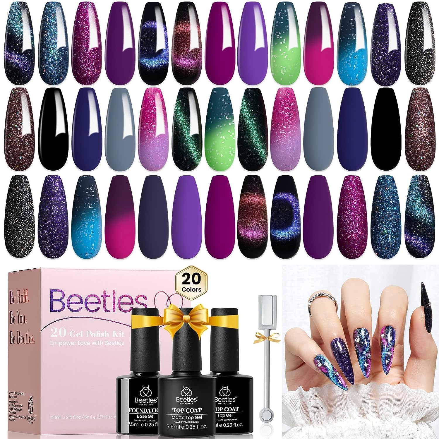 Beetles Cat Eye Gel Polish Set - 24Pcs 20 Colors Glitter Dark Color Changing Gel Nail Polish Kit with Base Gel Glossy Matte Top Coat Soak off UV DIY Nail Art Salon Ombre Black Nails Gift