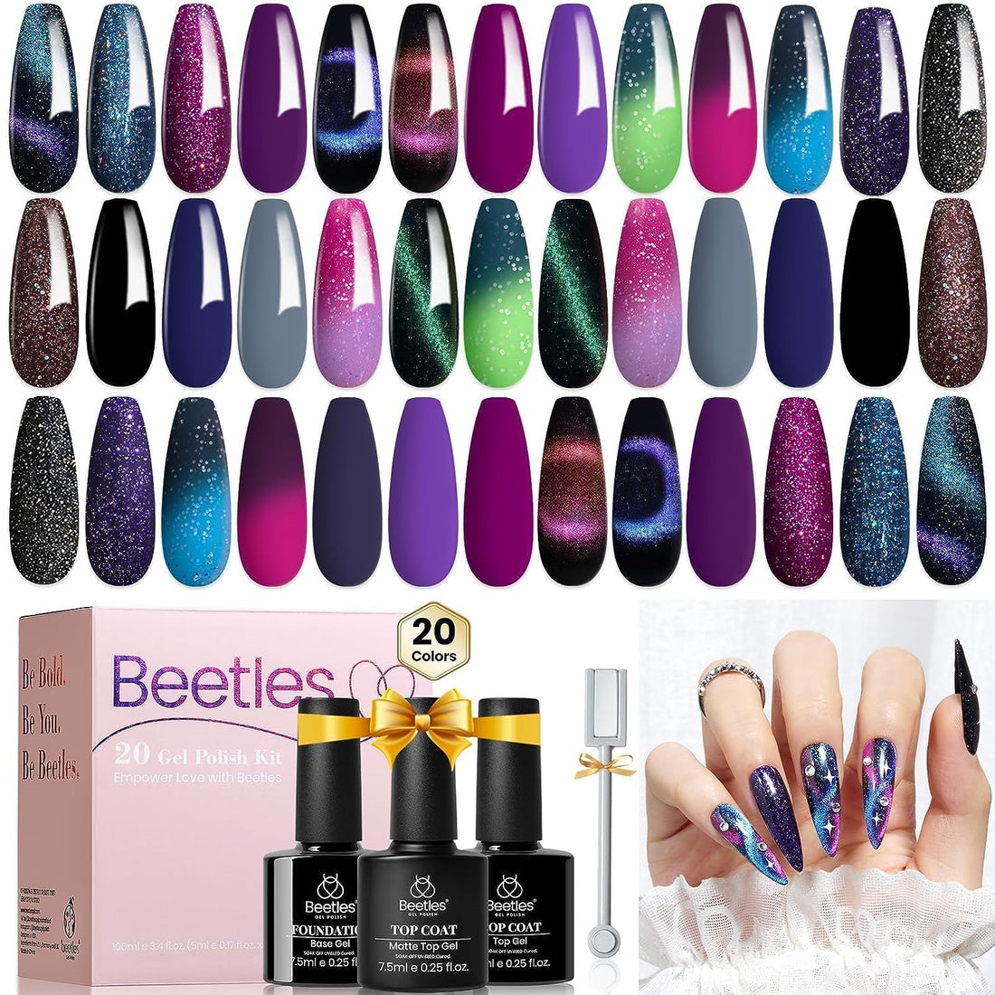 Beetles Cat Eye Gel Polish Set - 24Pcs 20 Colors Glitter Dark Color Changing Gel Nail Polish Kit with Base Gel Glossy Matte Top Coat Soak off UV DIY Nail Art Salon Ombre Black Nails Gift