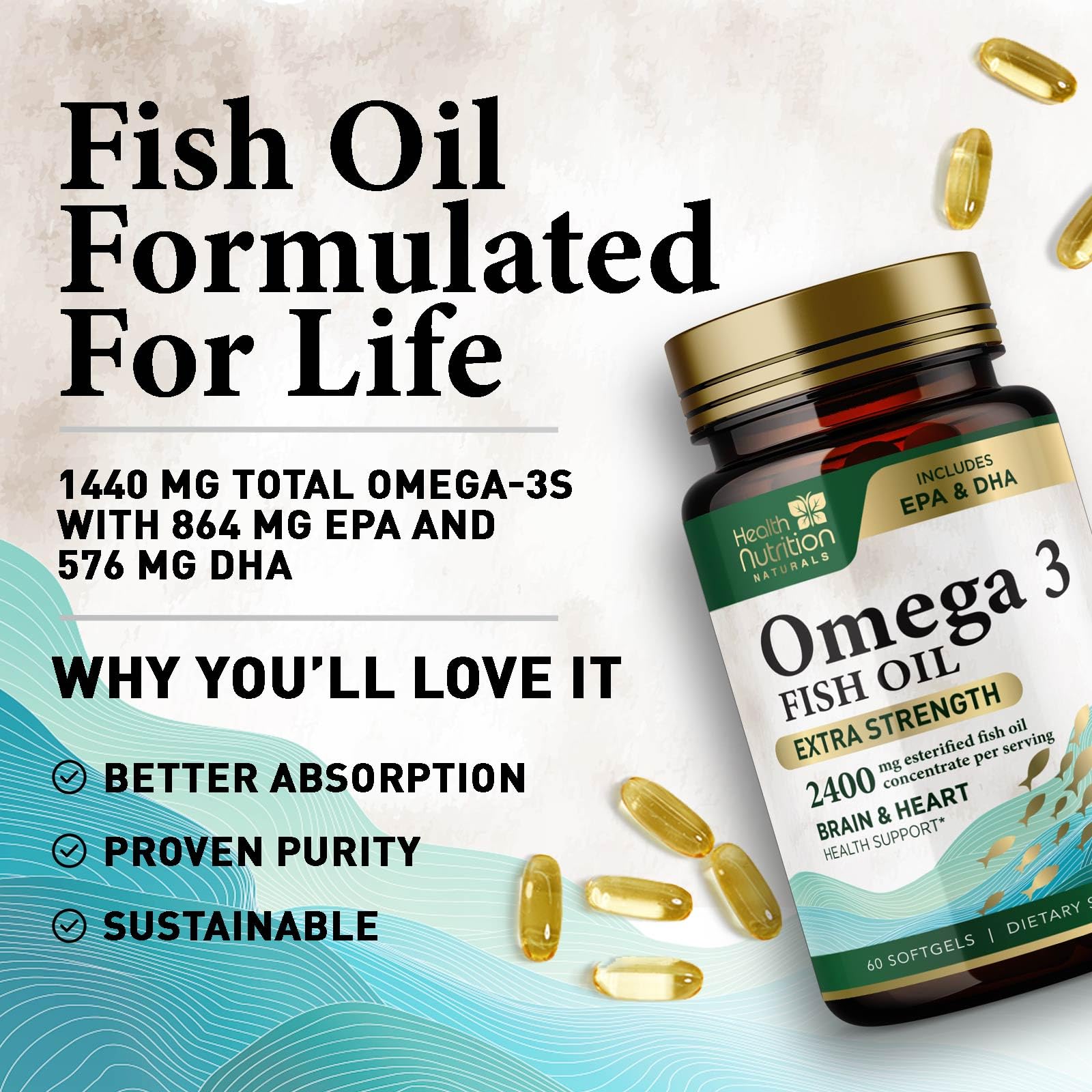 Omega 3 Fish Oil 2000mg Triple Strength Rapid Release Softgels, Omega-3 Supplements, Natural Brain Heart Joint Health & Immune Support - Fatty Acids with EPA & DHA - Fish Oil Supplement - 60 Softgels