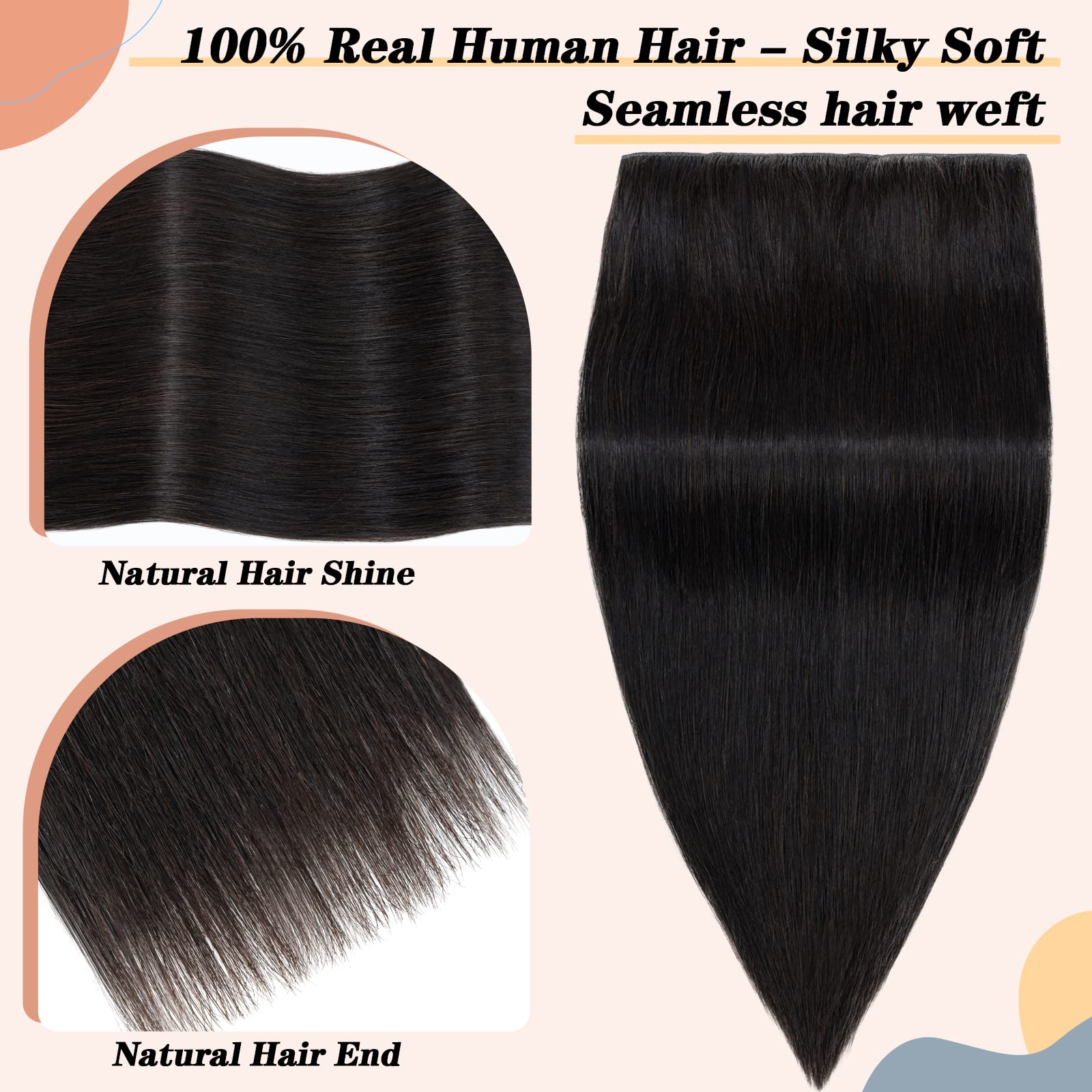 Clip in Remy Human Hair Extensions One Piece 5 clips 100% Remy Human Hair Straight Soft Extensions 3/4 FULL HEAD-Thicker(18-90g,#1B Natural Black)