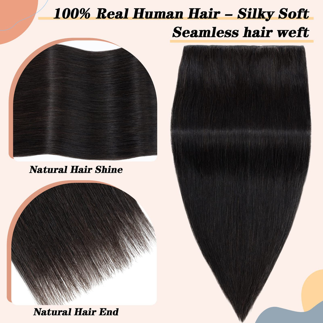 Clip in Remy Human Hair Extensions One Piece 5 clips 100% Remy Human Hair Straight Soft Extensions 3/4 FULL HEAD-Thicker(18-90g,#1B Natural Black)
