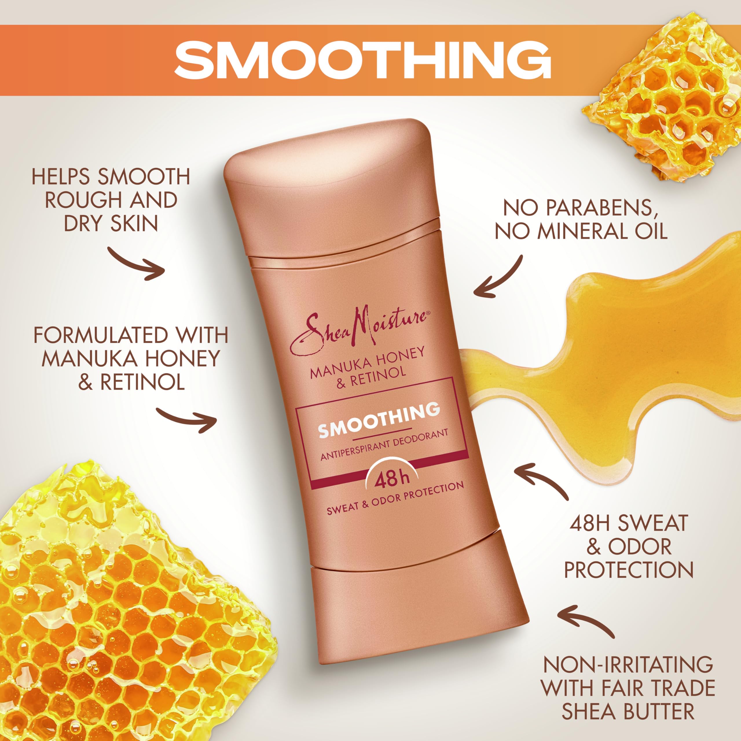 SheaMoisture Antiperspirant Deodorant Stick Smoothing Manuka Honey & Retinol (Pack of 2) for 48HR Sweat & Odor Protection with No Parabens & No Mineral Oil 2.6 oz