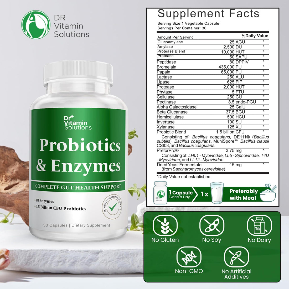 DR VITAMIN SOLUTIONS Probiotics and Multi Enzymes with Prebiotics for Digestive Health & Bloating Relief for Women & Men, Enzymes & Probiotics for Gut & Digestion - 30 Caps (1 Bottle, 30 Capsules)