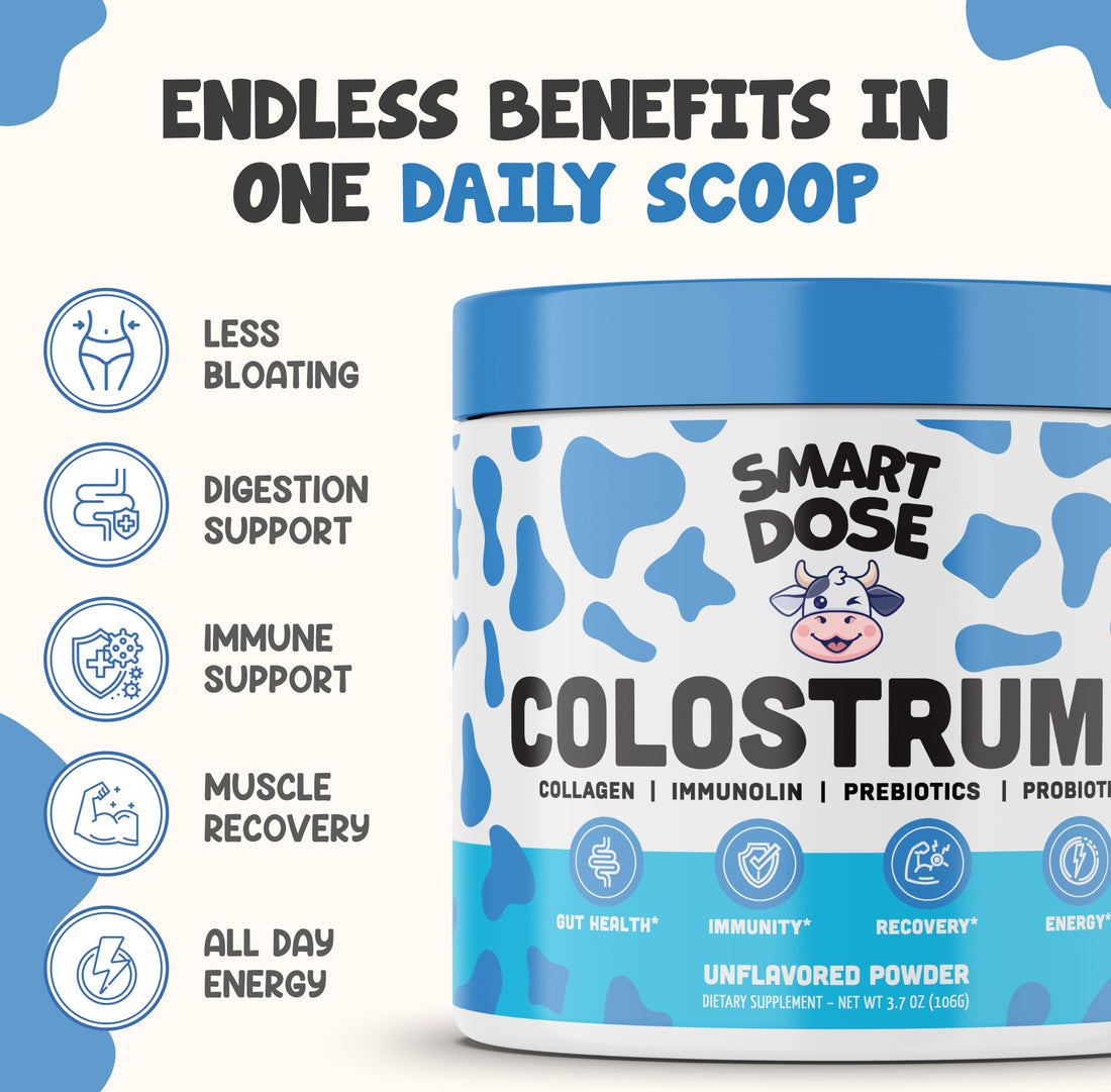 Smart Dose Bovine Colostrum+ Powder for Gut Health & Digestion - 12-in-1 Formula for Bloating, Immune Support & Energy - with 45% IgG ImmunoLin, Probiotics, Prebiotics, Collagen & L-Glutamine