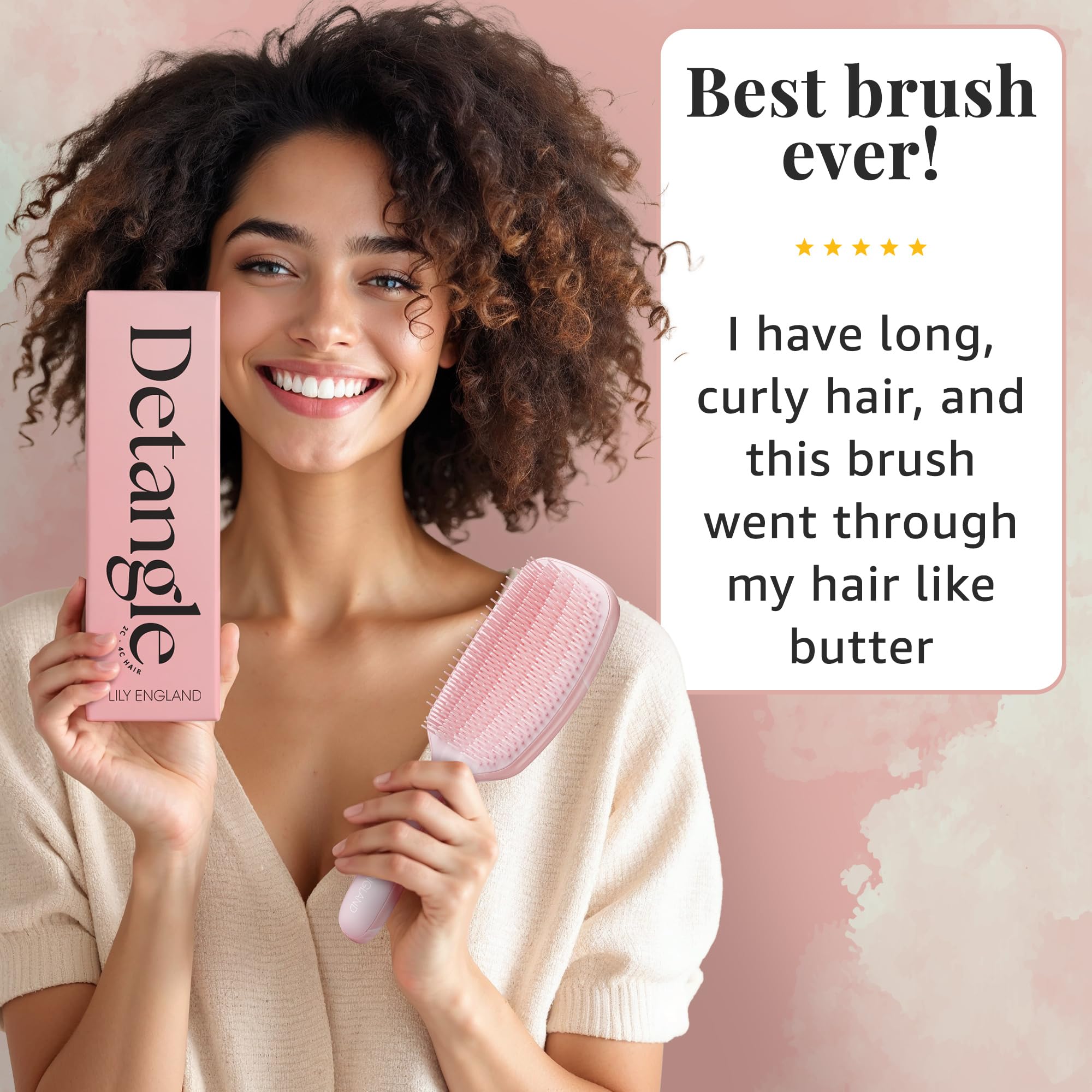 Lily England Curly Hair Brush - Detangling & Styling Tool with Flexible Bristles for Pain-Free Wet & Dry Curls (3c to 4c), Pink