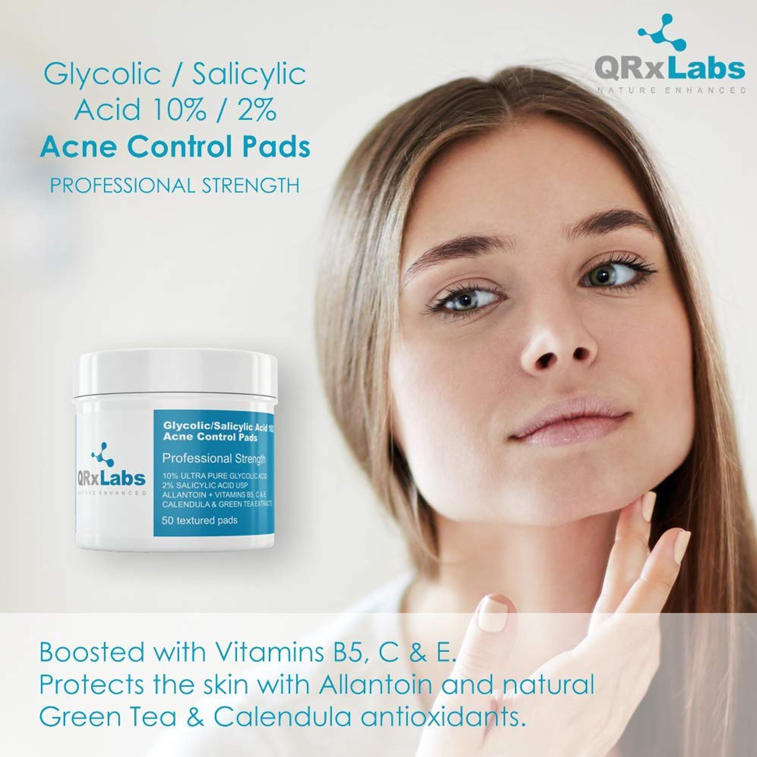 Glycolic/Salicylic Acid 10/2 Acne Control Pads with 10% Ultra Pure Glycolic Acid + 2% Salicylic Acid USP, Allantoin, Vitamins B5, C & E, Calendula & Green Tea - Helps Clear Up and Control Acne
