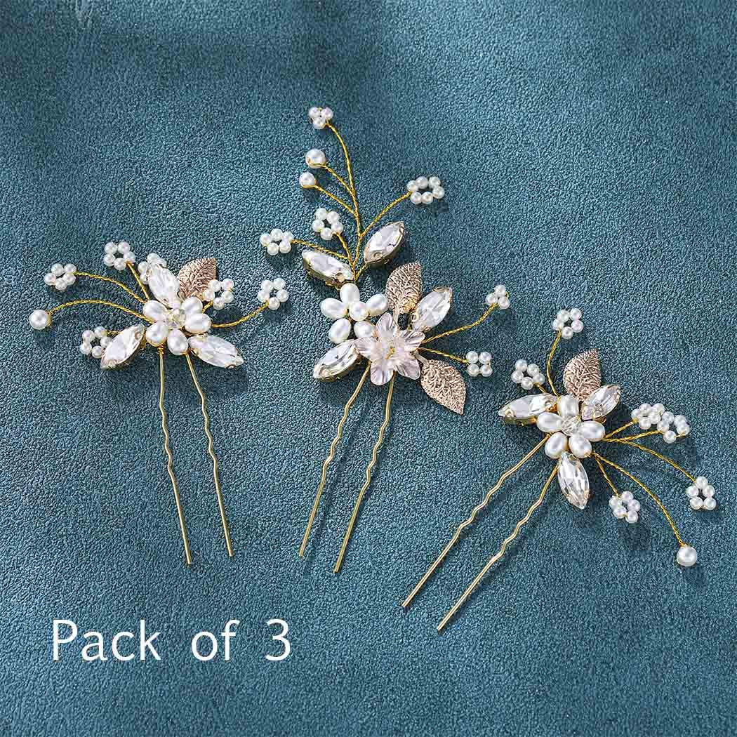 Unicra Bride Wedding Flower Hair Pins Bridal Pearl Hair Piece Crystal Hair Accessories for Women and Girls (Pack of 3) (Gold)