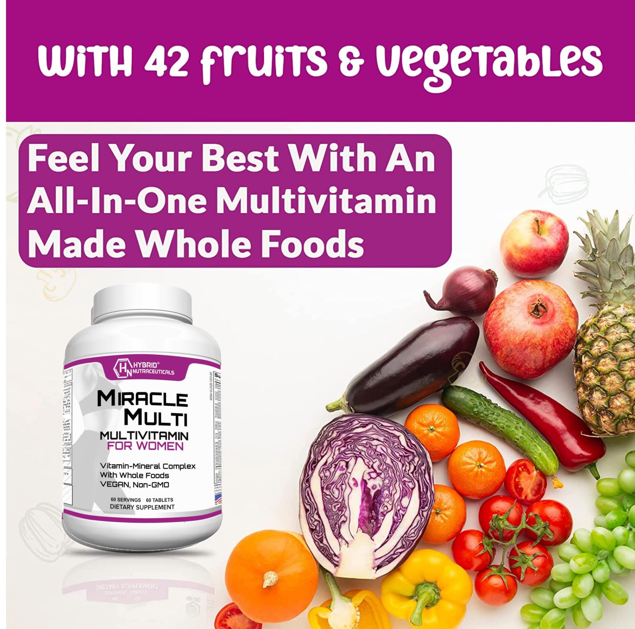 Hybrid Nutraceuticals MiracleMulti Women Multivitamin with Probiotics, Biotin, Folic Acid, Enzymes + Fruit & Vegetable Blend - Immune Support, Heart Health, Energy: 60 Servings (Non-GMO)