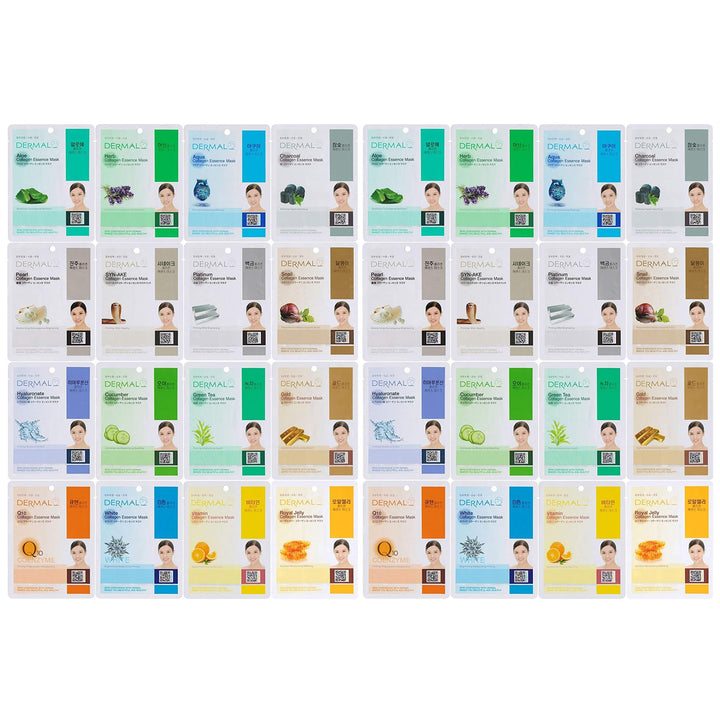 DERMAL 32 Combo Pack Collagen Essence Korean Face Mask - Hydrating & Soothing Facial Mask with Panthenol - Hypoallergenic Self Care Sheet Mask for All Skin Types - Natural Home Spa Treatment Masks