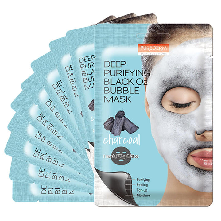 Purederm Deep Purifying Black O2 Bubble Mask: 10 Charcoal Facial Sheets With Detoxifying And Moisturizing Action - Skin Brightening Wash-Off Face Mask That Removes Dead Skin Cells And Toxins