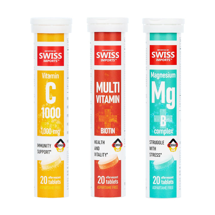 Swiss Imports Effervescent Variety Pack with Vitamin C 1000mg, Magnesium + B Complex, Multivitamin + Biotin, 12-Pack, 240 Tablets