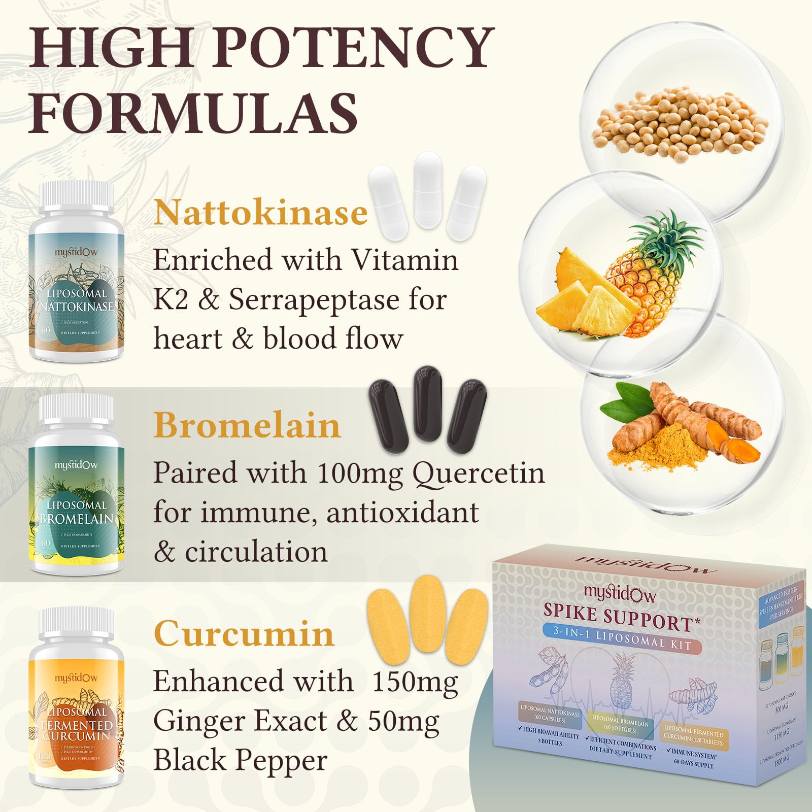 Spike Support Trio | Liposomal Nattokinase 8000 FU 500mg, Bromelain 1150 mg & Fermented Curcumin 1800 mg | High Potency, Enhanced Absorption Formula | for Immune, Heart & Circulation | 60 Day Supply