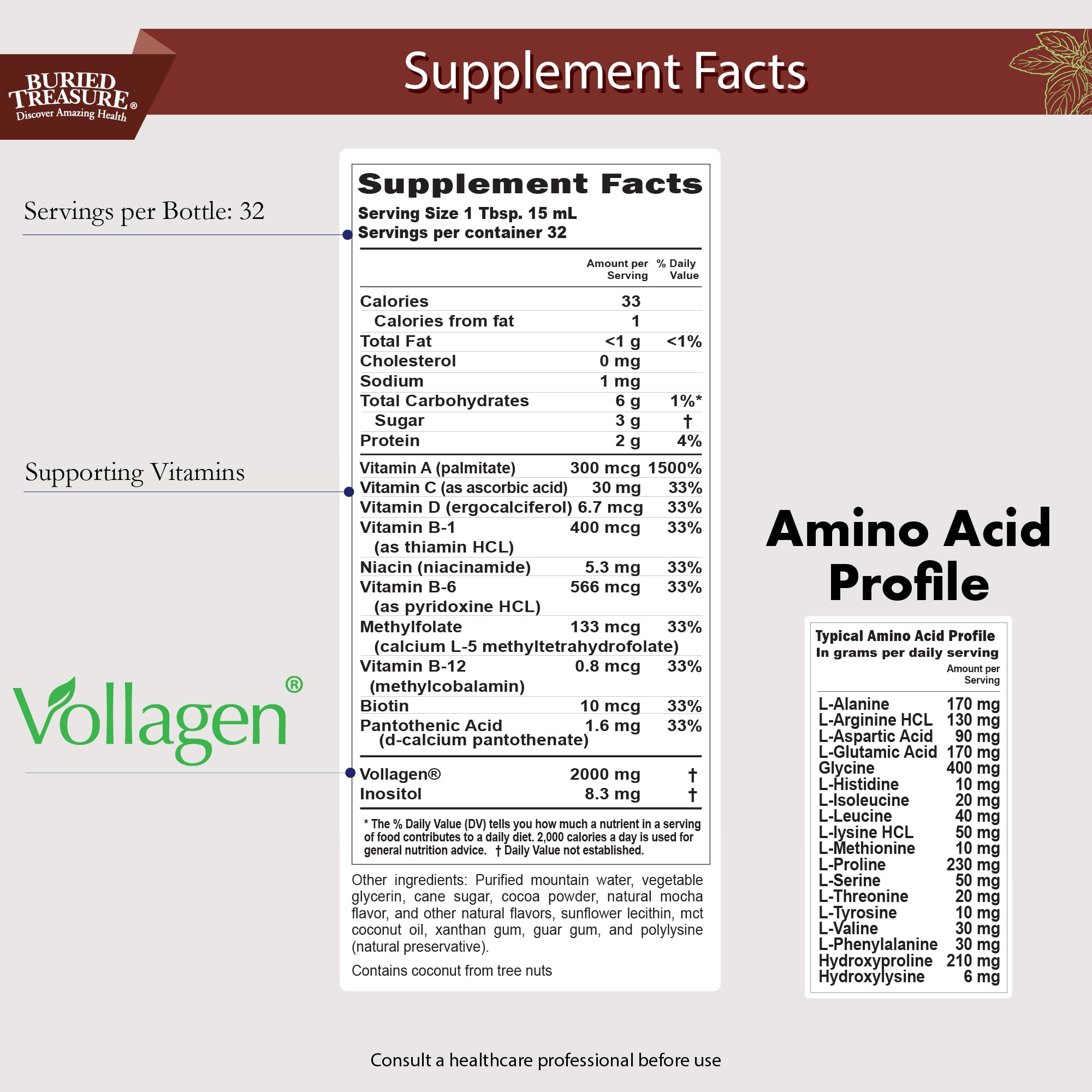 Buried Treasure Nature's Vollagen, Liquid Vegan Collagen, Biotin, MCT, Vitamin C, Hyaluronic Acid, Plant Based Collagen from Free Form Amino Acids, for Healthy Hair Skin and Nails Support for Women