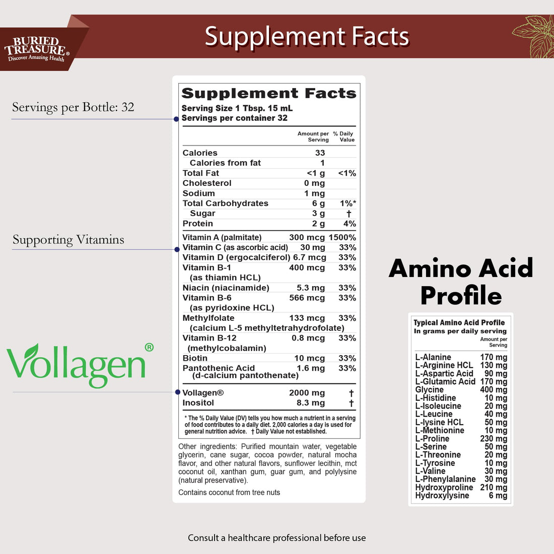 Buried Treasure Nature's Vollagen, Liquid Vegan Collagen, Biotin, MCT, Vitamin C, Hyaluronic Acid, Plant Based Collagen from Free Form Amino Acids, for Healthy Hair Skin and Nails Support for Women