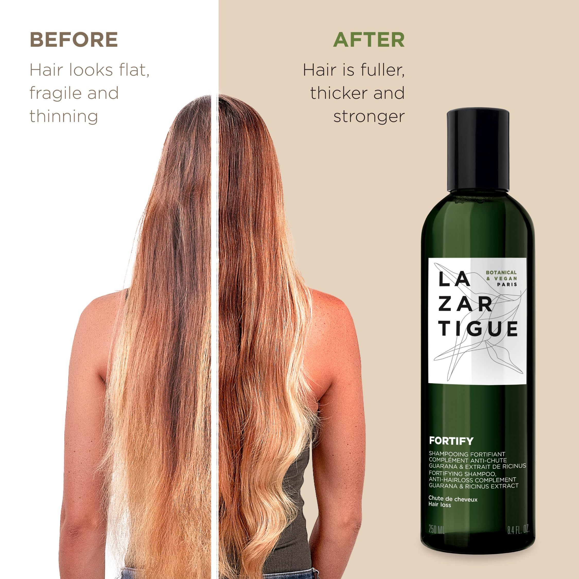 Lazartigue Fortify Densifying Shampoo, Enriched with Guarana and Ricinus, Strengthens Fragile Hair, Stronger Appearance, Perfect for Everyday Usage, Vegan, Lemon, 8.4 Oz
