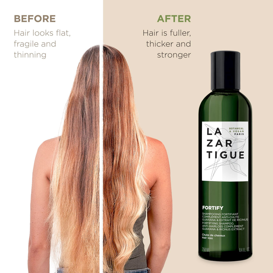 Lazartigue Fortify Densifying Shampoo, Enriched with Guarana and Ricinus, Strengthens Fragile Hair, Stronger Appearance, Perfect for Everyday Usage, Vegan, Lemon, 8.4 Oz