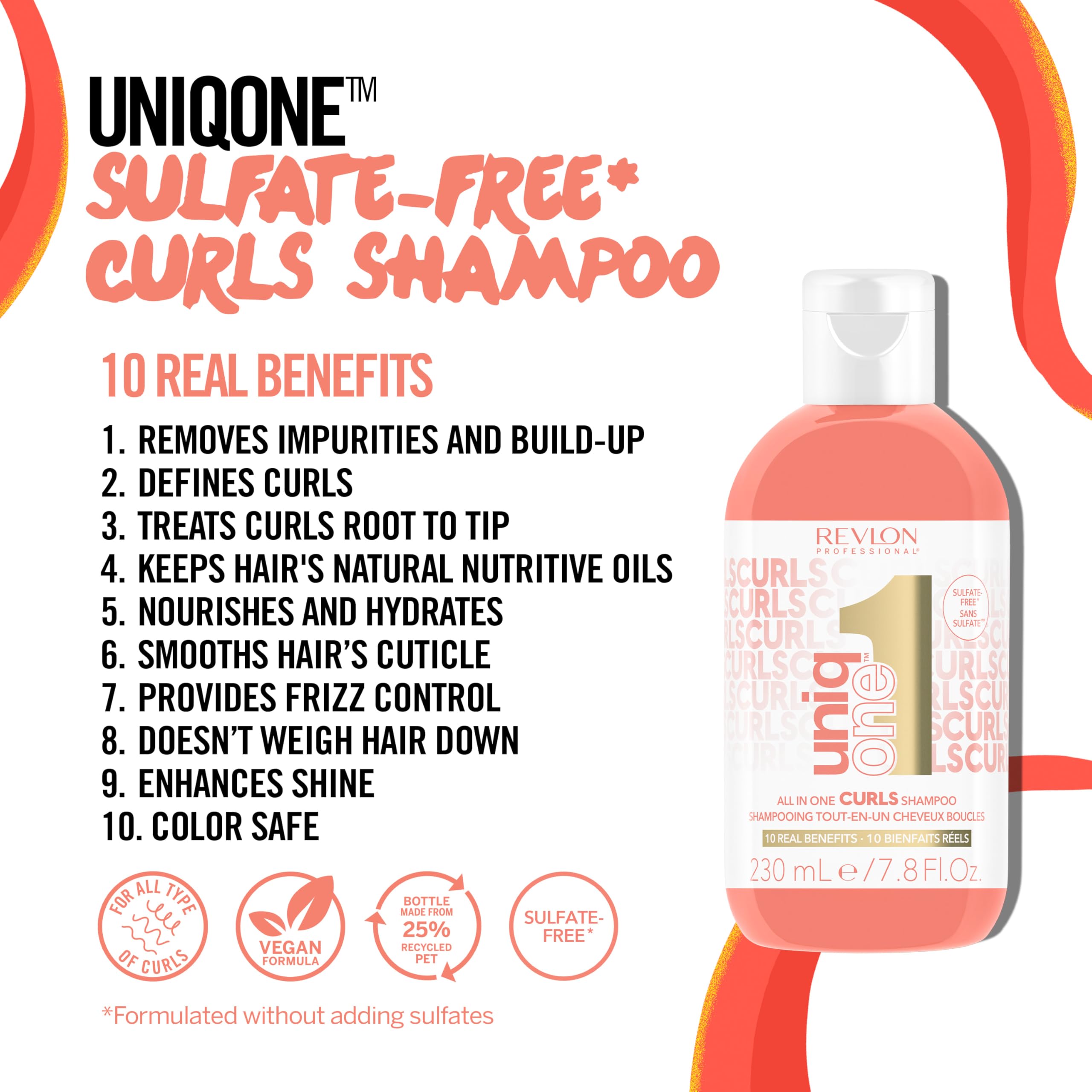 REVLON PROFESSIONAL UniqOne - Vegan Sulfate-Free Shampoo for Curly, Wavy, and Coily Hair with 10 Benefits – 7.7 fl oz