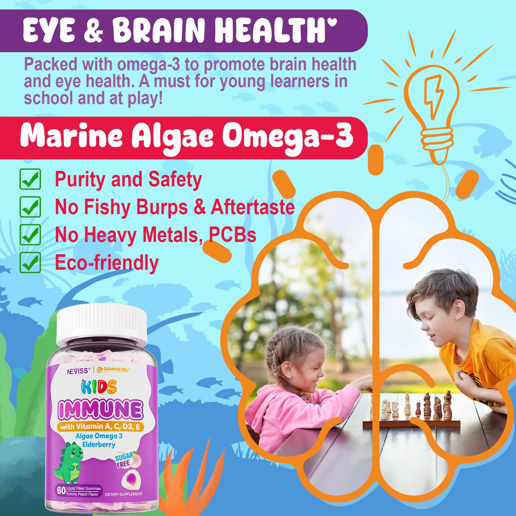 Kids Elderberry + Vitamin C D3 & Zinc Immune Support Gummies for 4+, Omega-3, Vitamin A, E, Childrens Multi Vitamins for Immunity, Bone Growth & Eye Health | Sugar Free, No Artificial Flavors, 60 CT