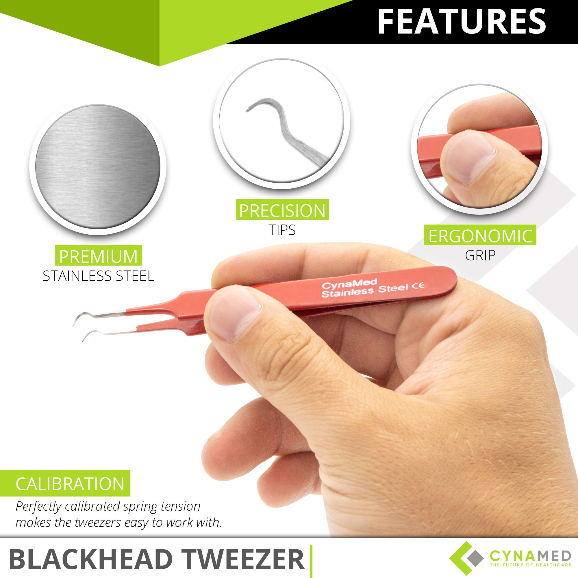 Blackhead Tweezer - Professional Curved Steel Tip Surgical Comedone & Splinter Extractor. Ideal Blemish & Acne Remover Tool Means Flawless Facial Skin (Red)