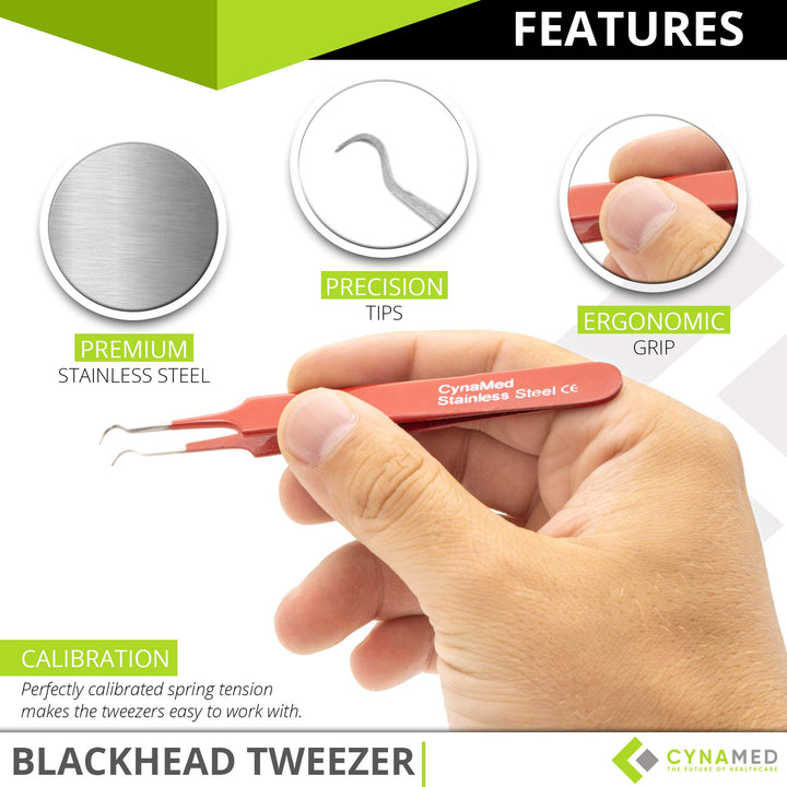 Blackhead Tweezer - Professional Curved Steel Tip Surgical Comedone & Splinter Extractor. Ideal Blemish & Acne Remover Tool Means Flawless Facial Skin (Red)