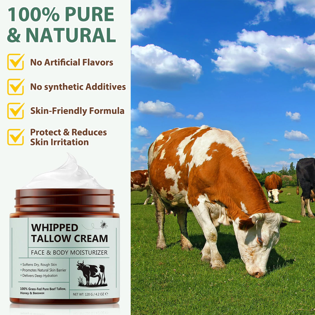 Beef Tallow Moisturizer for Face & Body - Deep Hydration, Organic Whipped Soothes Dry Skin, Promotes Natural Skin Barrier, Unscented Tallow Face Cream, 4.2 Oz