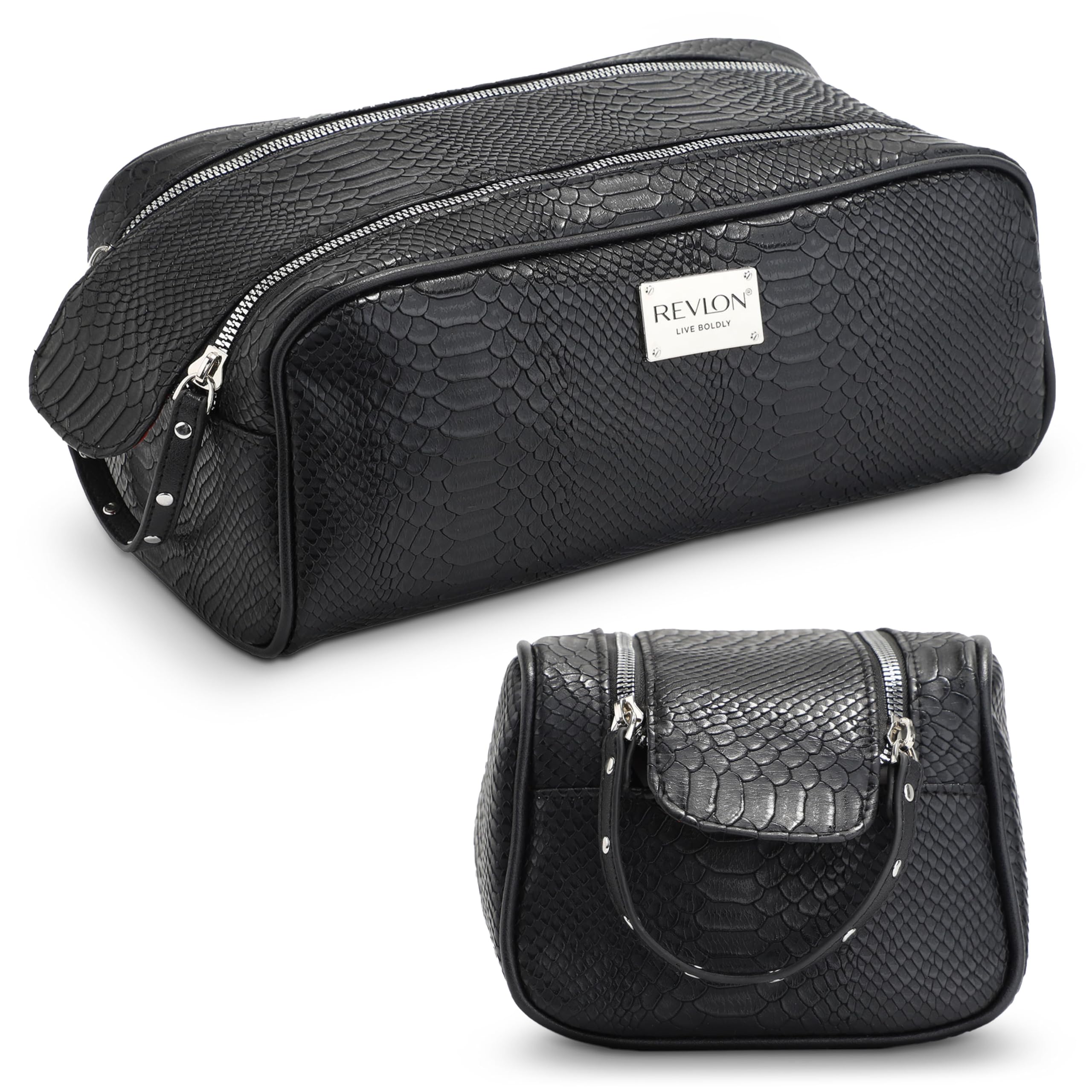 REVLON Croc Embossed Makeup Bag - Small Makeup Pouch, Travel Makeup Organizer with Two Zippers, Cosmetic Bag, Mini Makeup Case with Pockets - Gifts for Women, Ladies, or Teen Girls, Onyx