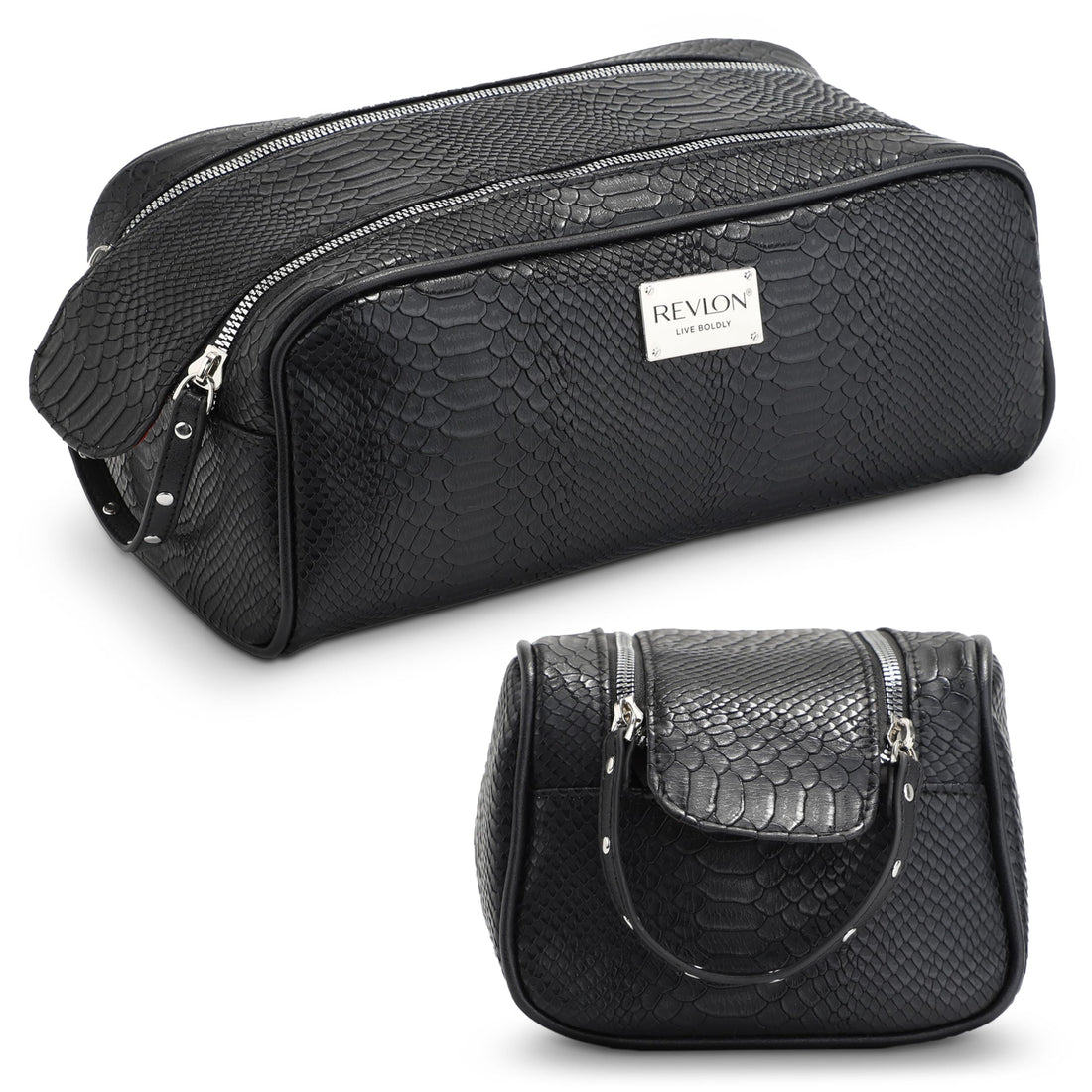 REVLON Croc Embossed Makeup Bag - Small Makeup Pouch, Travel Makeup Organizer with Two Zippers, Cosmetic Bag, Mini Makeup Case with Pockets - Gifts for Women, Ladies, or Teen Girls, Onyx
