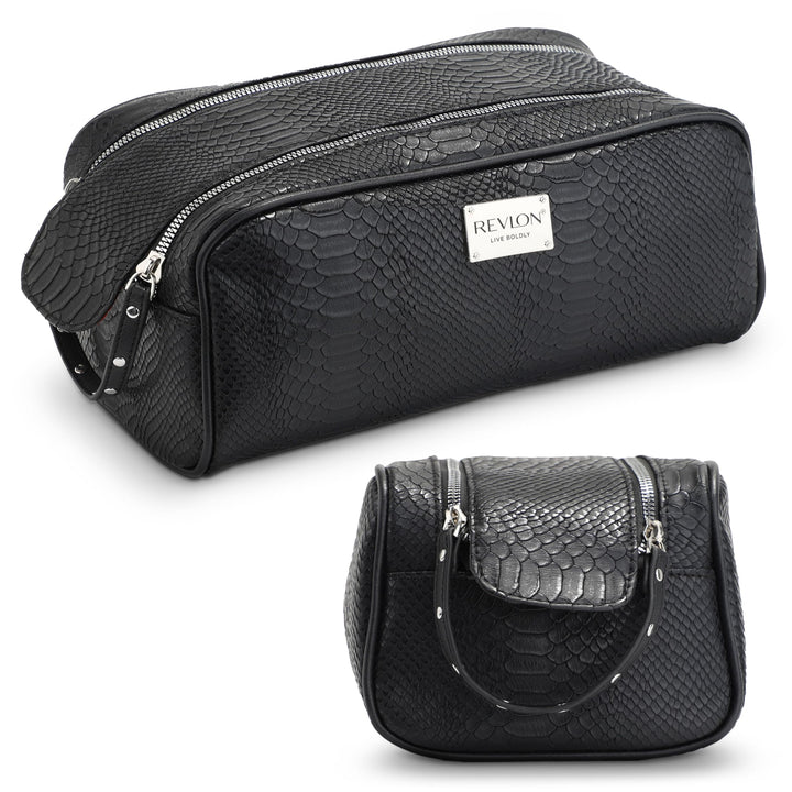 REVLON Croc Embossed Makeup Bag - Small Makeup Pouch, Travel Makeup Organizer with Two Zippers, Cosmetic Bag, Mini Makeup Case with Pockets - Gifts for Women, Ladies, or Teen Girls, Onyx
