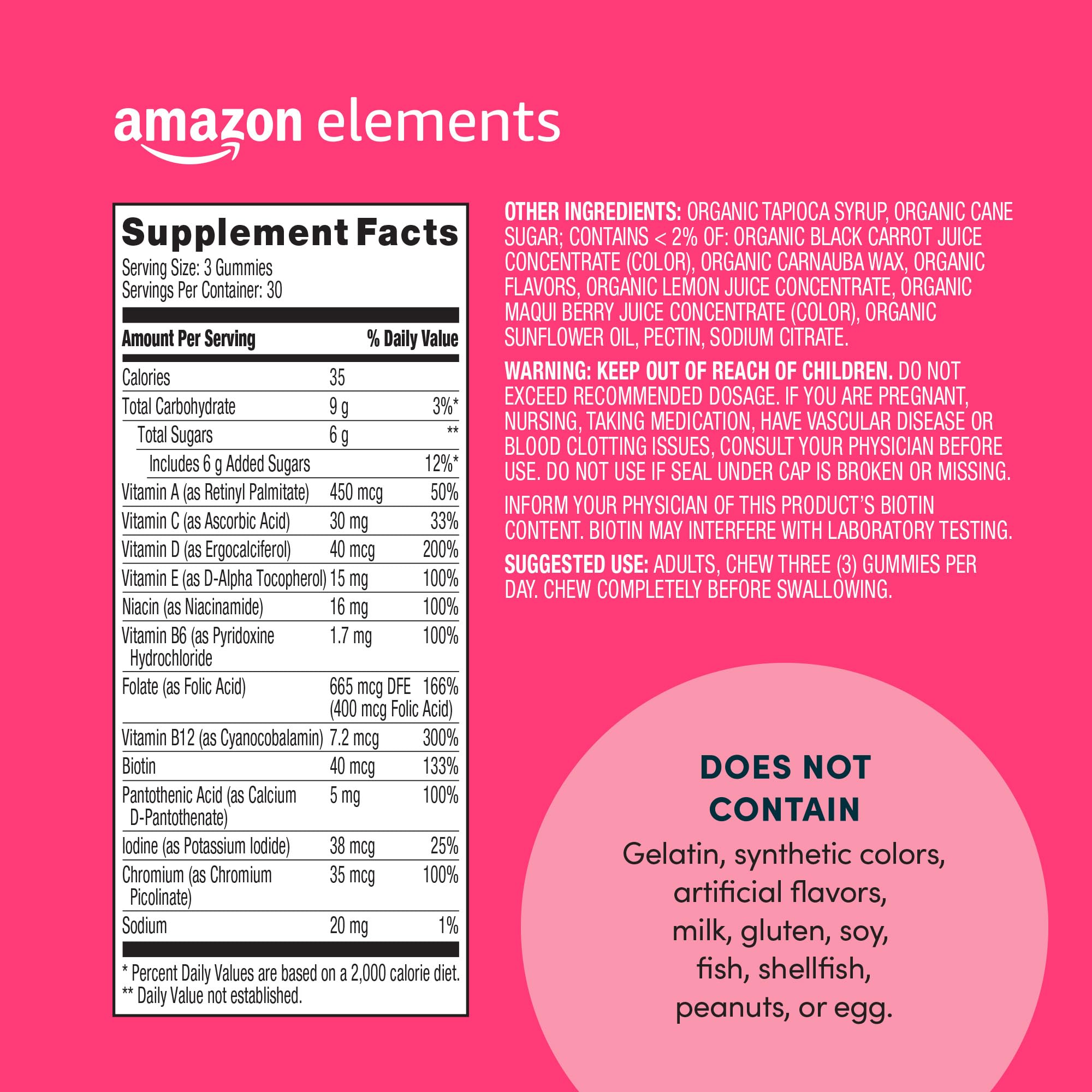 Amazon Elements - Adult Women’s Organic Multivitamins, 90 Gummies (30 servings), Vegetarian, Gluten Free (Previously Revly)