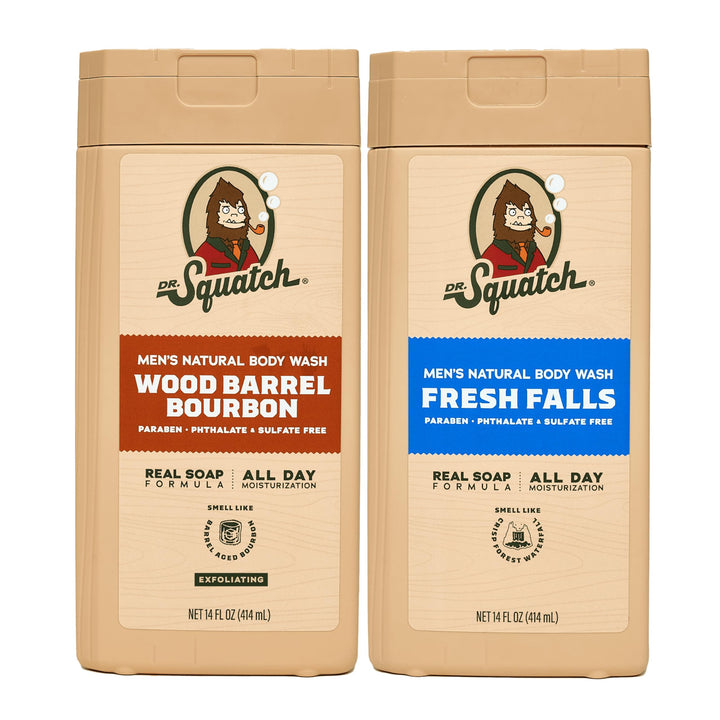 Dr. Squatch NEW Body Wash for Men with Nourishing, Natural Ingredients | No Paraben, Phthalate, Sulfate | All Day Moisture | Long Lasting Scent | Wood Barrel Bourbon & Fresh Falls (14 oz, 2-Pack)