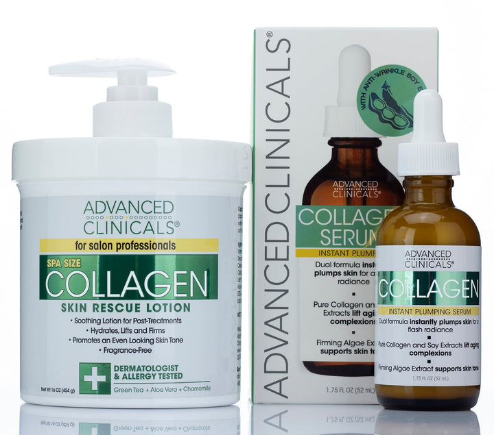 Advanced Clinicals 2 Piece Anti-aging Skin Care set with collagen. 16oz Spa Size Collagen Lotion And 1.75oz Collagen Instant Plumping Serum To Hydrate