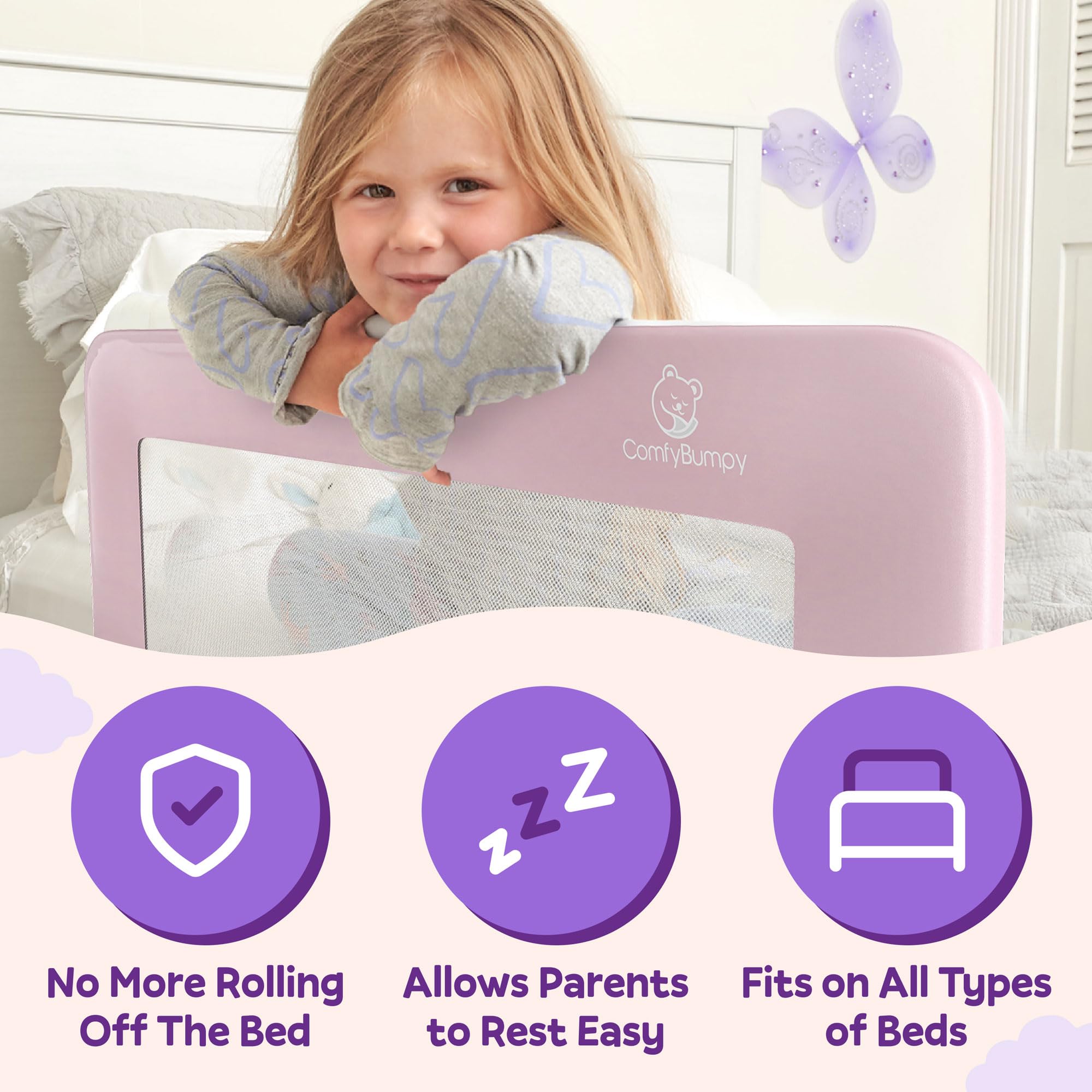 ComfyBumpy Bed Rail for Toddlers | Bed Rails for Kids, Twin, Full, Queen & King Size Bed - Adjustable Toddler Bed Rail Guard - Swing Down Baby Bed Side Rail - Pink, Regular (35.5 x 19.5), Pack of 1