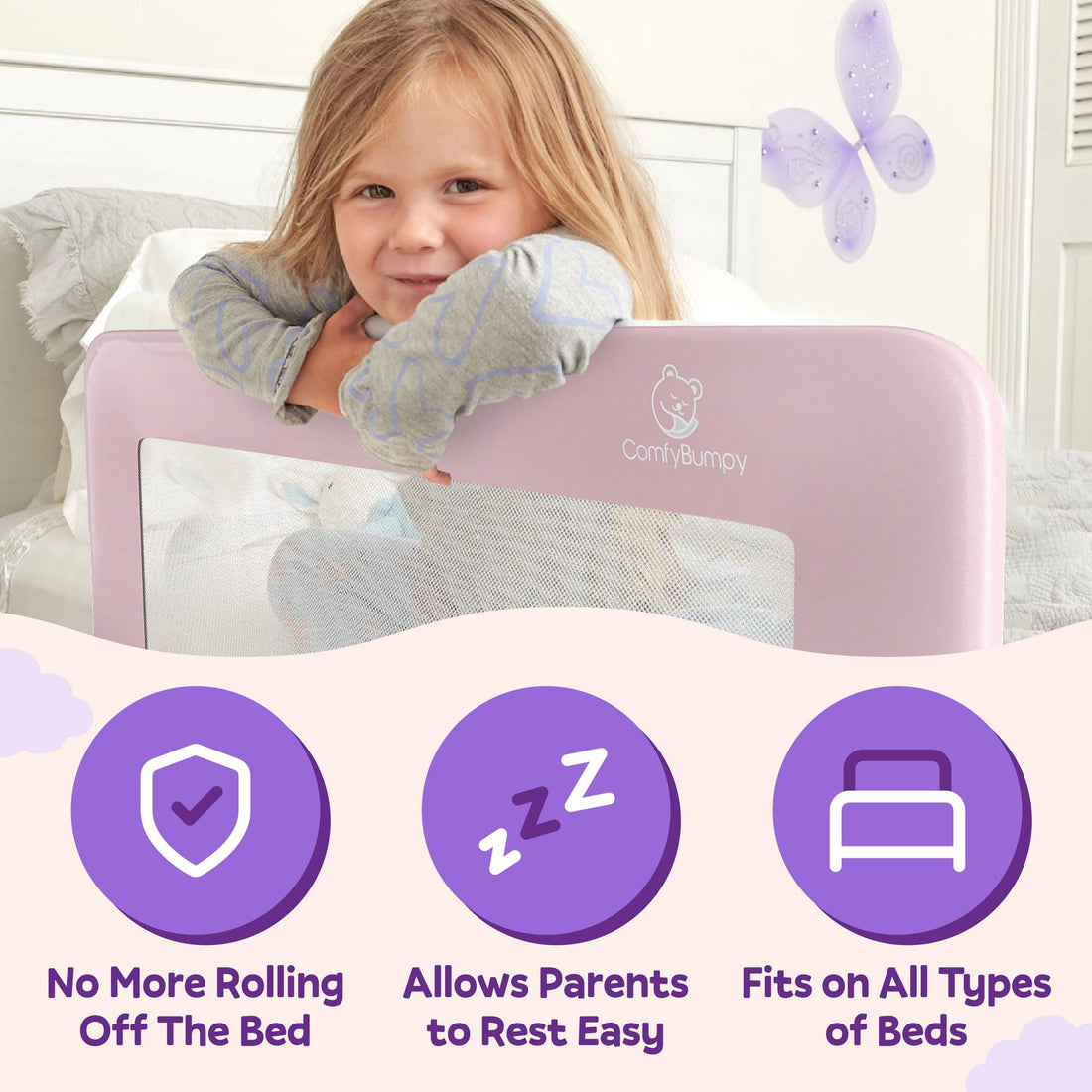 ComfyBumpy Bed Rail for Toddlers | Bed Rails for Kids, Twin, Full, Queen & King Size Bed - Adjustable Toddler Bed Rail Guard - Swing Down Baby Bed Side Rail - Pink, Regular (35.5 x 19.5), Pack of 1