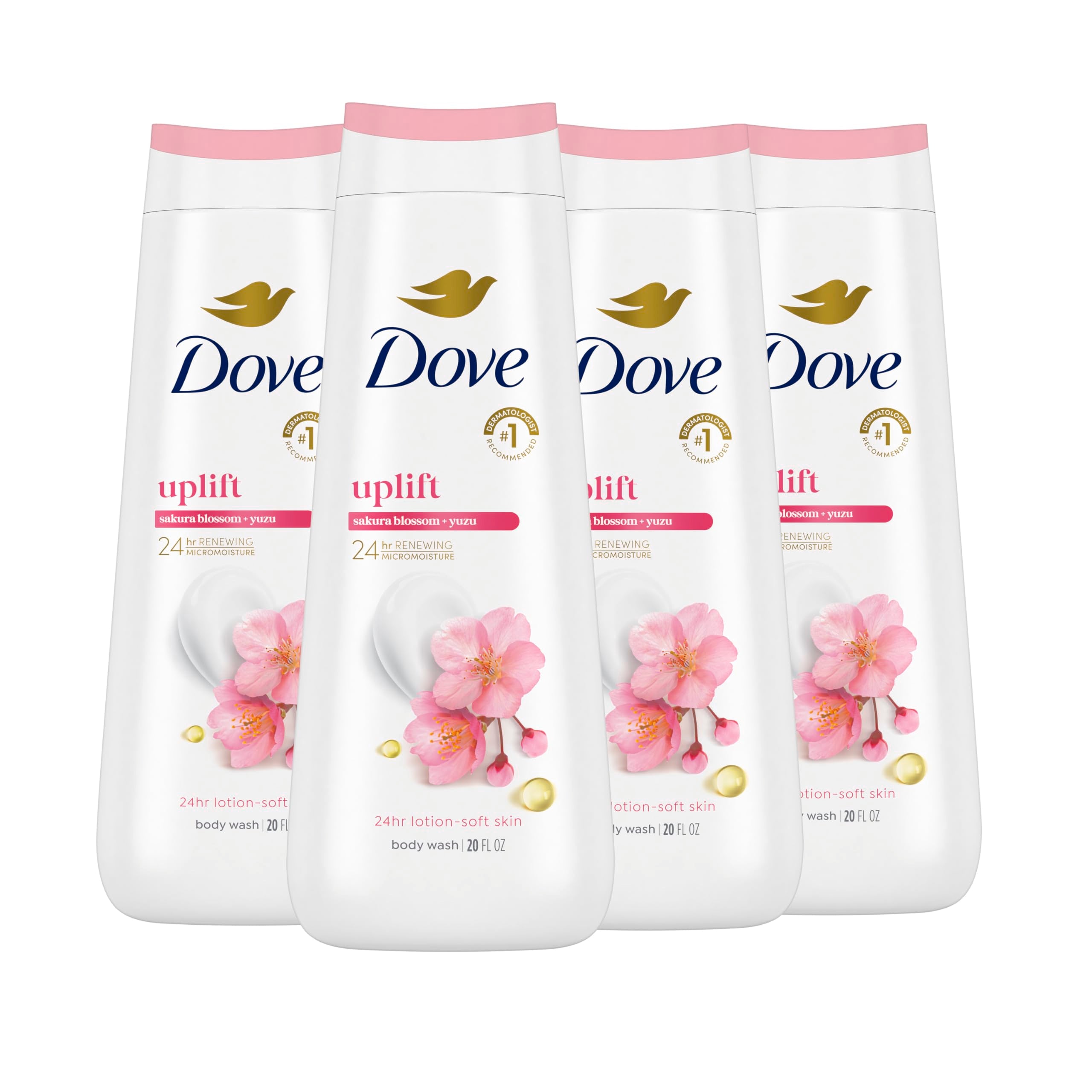 Dove Body Wash 4 Count for 24hr Lotion-Soft Skin Uplift Sakura Blossom and Yuzu Moisturizing Skin Cleanser with No Sulfates No Parabens