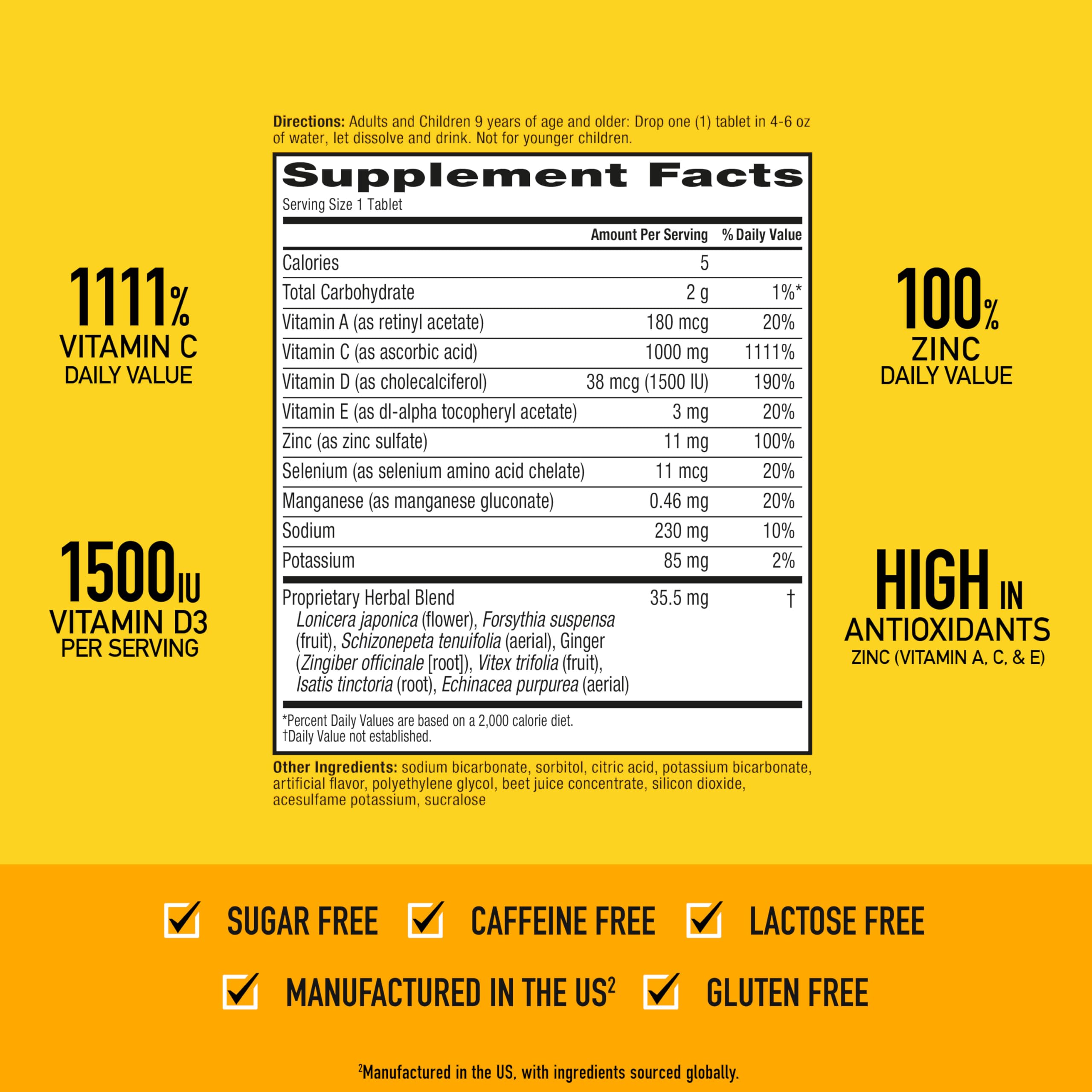 Airborne 1000mg Vitamin C with Vitamin D & Zinc, SUGAR FREE Multivitamin Immune Support Supplement, Antioxidants Vitamins A C & Vitamin E, 30 Effervescent Tablets, Very Berry Flavor