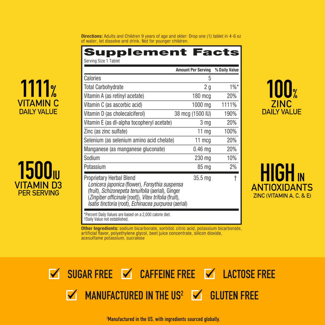 Airborne 1000mg Vitamin C with Vitamin D & Zinc, SUGAR FREE Multivitamin Immune Support Supplement, Antioxidants Vitamins A C & Vitamin E, 30 Effervescent Tablets, Very Berry Flavor