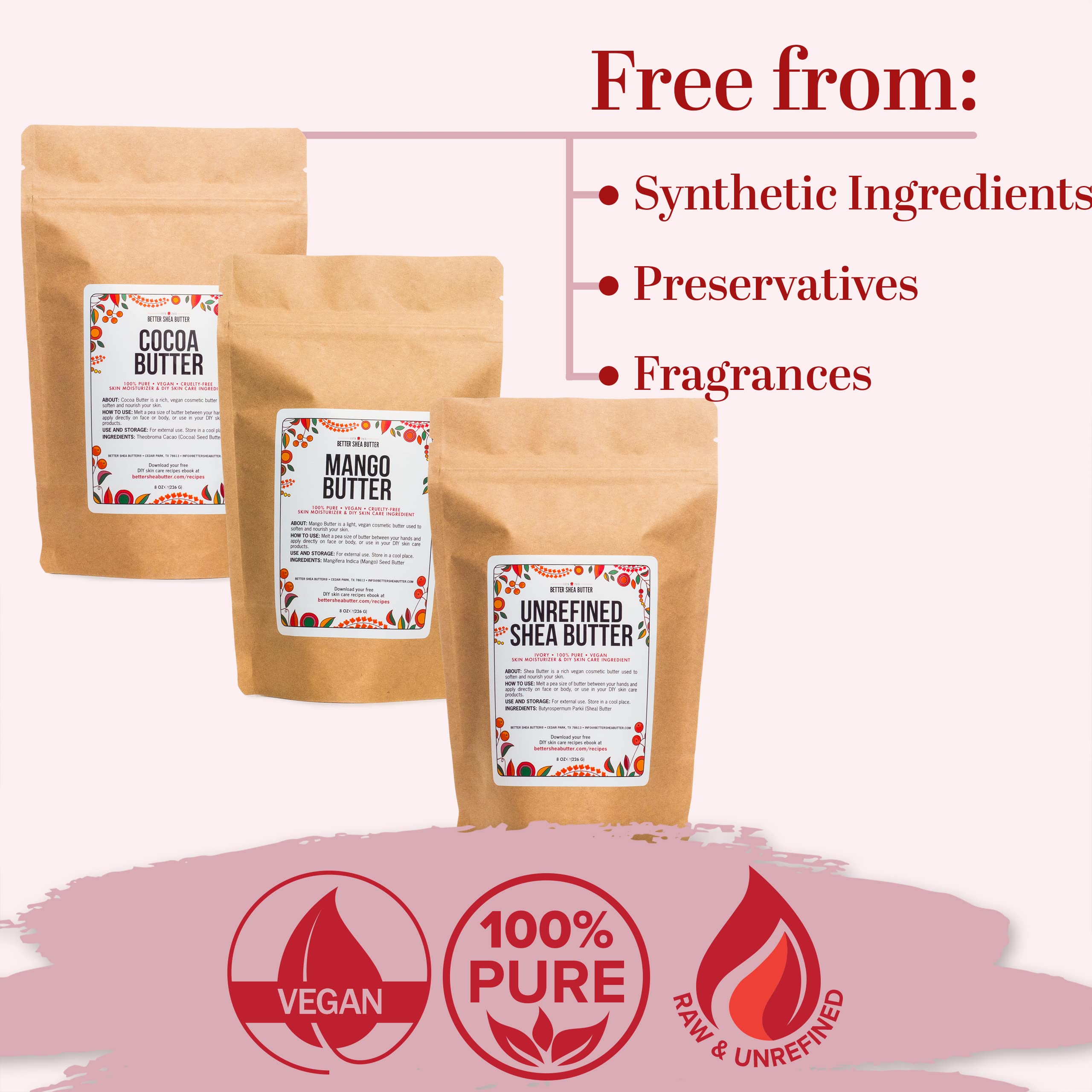 Better Shea Butter Set of Raw Shea Butter, Raw Mango Butter, Unrefined Cocoa Butter For Soap Making and DIY Body Butters, Lip Balms, Body Lotions - Each Jar is 8 oz Making 24 oz Total (3-Bar Set)