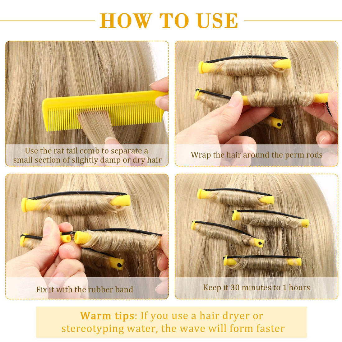 96 Pieces Hair Perm Rods, Cold Wave Rods Plastic Perming Rods Heatless Curlers Rollers with 2 Steel Pintail Comb Rat Tail Comb for Hairdressing Styling Tools (Yellow,0.28 Inch/ 0.7 cm)