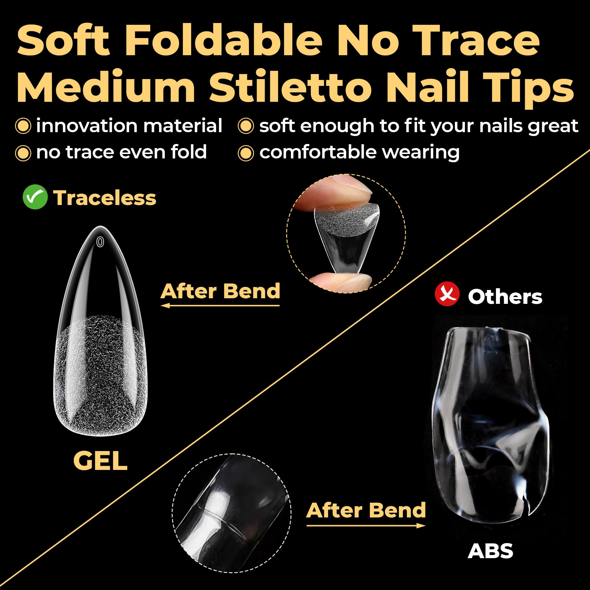 UNA GELLA Stiletto Press on Nails, 600 Pcs Medium Stiletto Nail Tips Almond Shape Pre Etched Full Cover Soft Gel Nails Tips for Nail Extensions Art DIY Salon 12 Sizes at Home