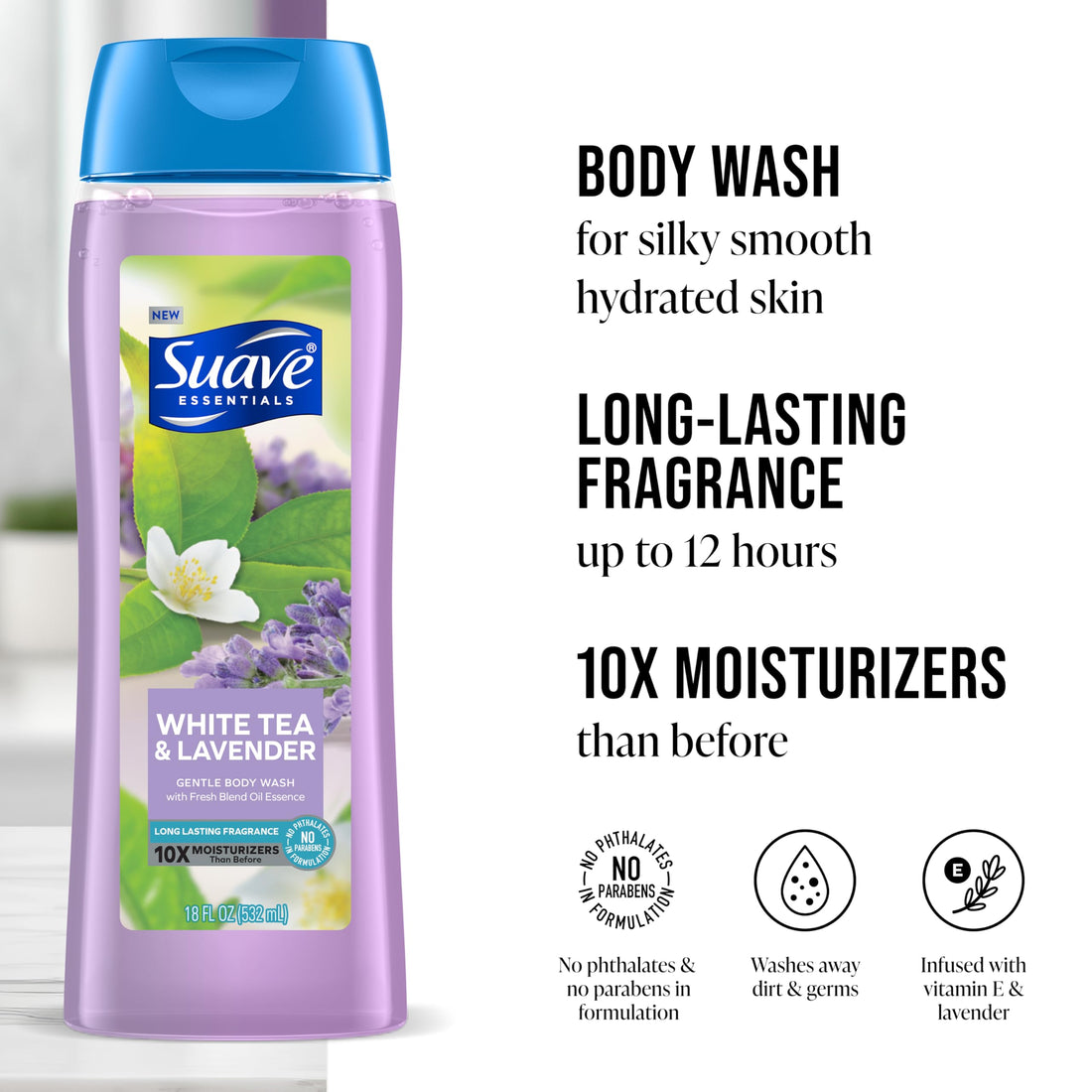 Suave Moisturizing Body Wash Women, White Tea and Lavender with Vitamin E and Aloe Extracts, No Parabens, No Phthalates, 18 Oz (Pack of 6)