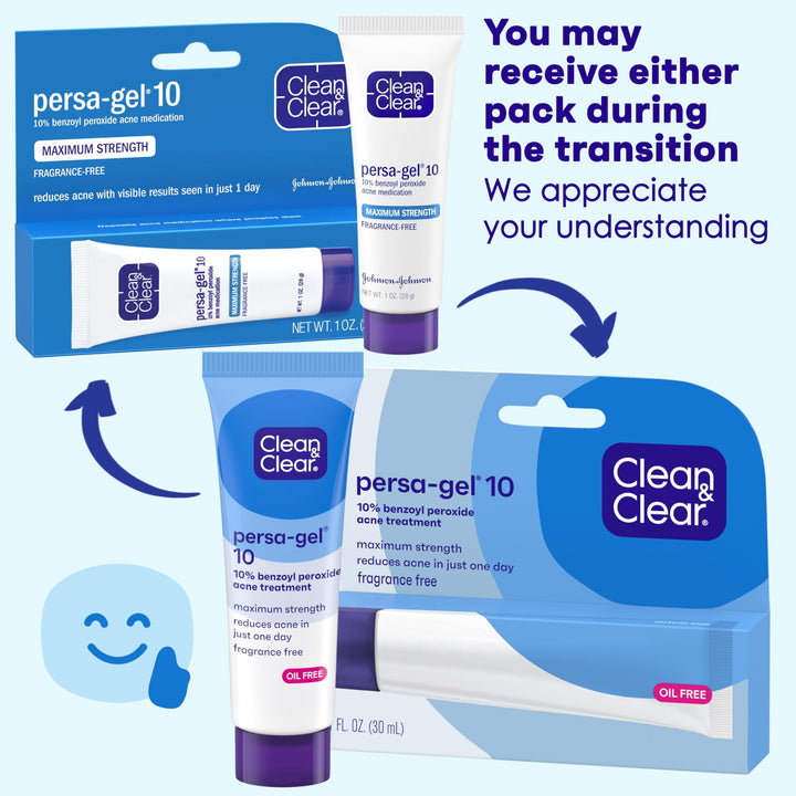 Clean & Clear PersaGel 10 Acne Medication Spot Treatment with Maximum Strength 10 Benzoyl Peroxide Topical Pimple Cream Acne Gel medication for Face Acne with Benzoyl Peroxide, (pack of 4)